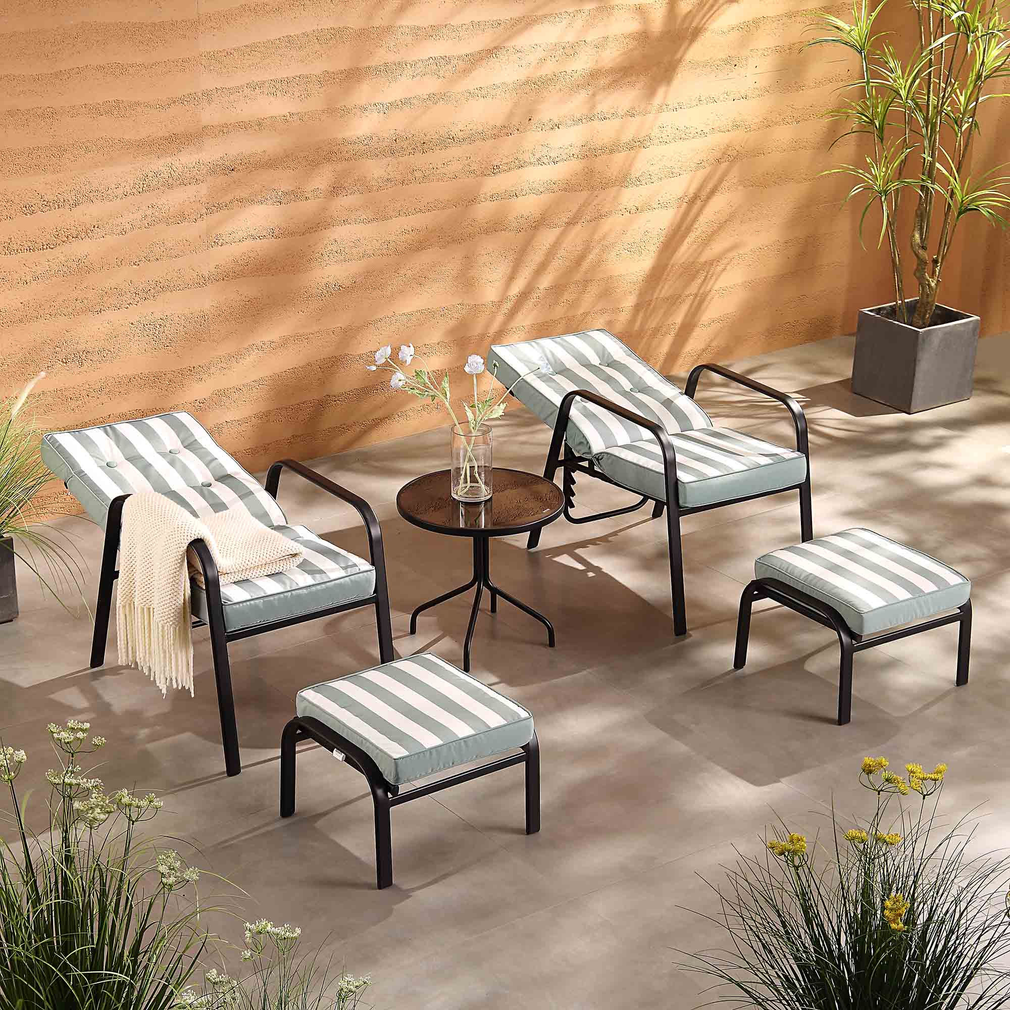 Champneys 2-Seater Steel and Fabric Outdoor Reclining Bistro Set with Stool, Sage Green - Image 2