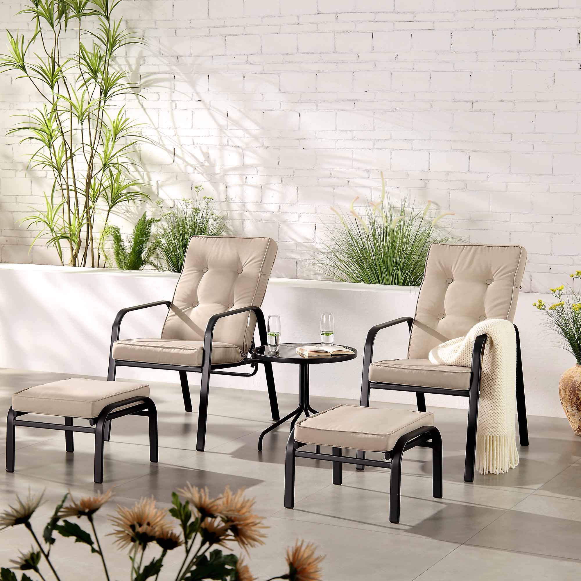 Champneys 2-Seater Steel and Fabric Outdoor Reclining Bistro Set with Stool, Taupe - Image 2