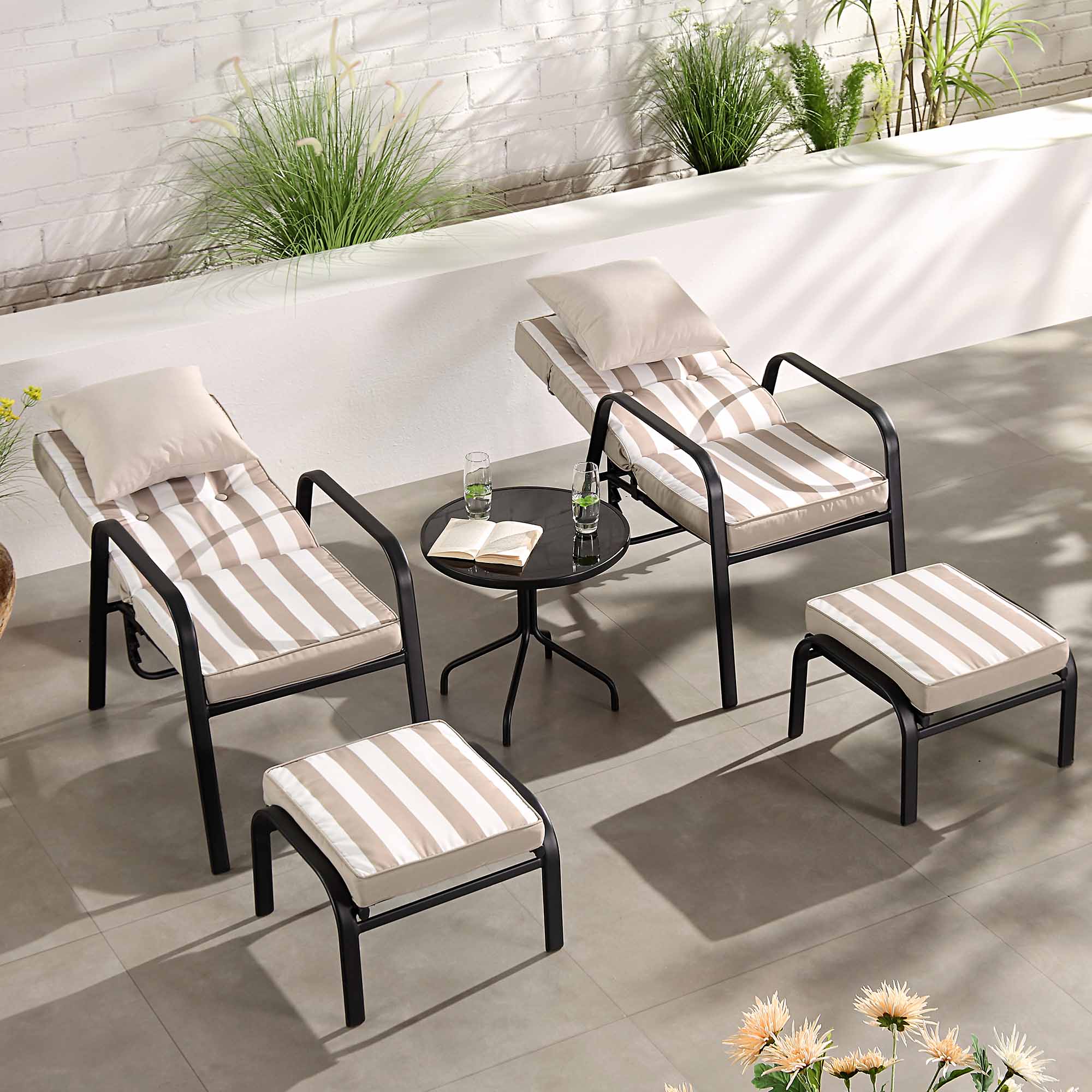 Champneys 2-Seater Steel and Fabric Outdoor Reclining Bistro Set with Stool, Taupe - Image 3