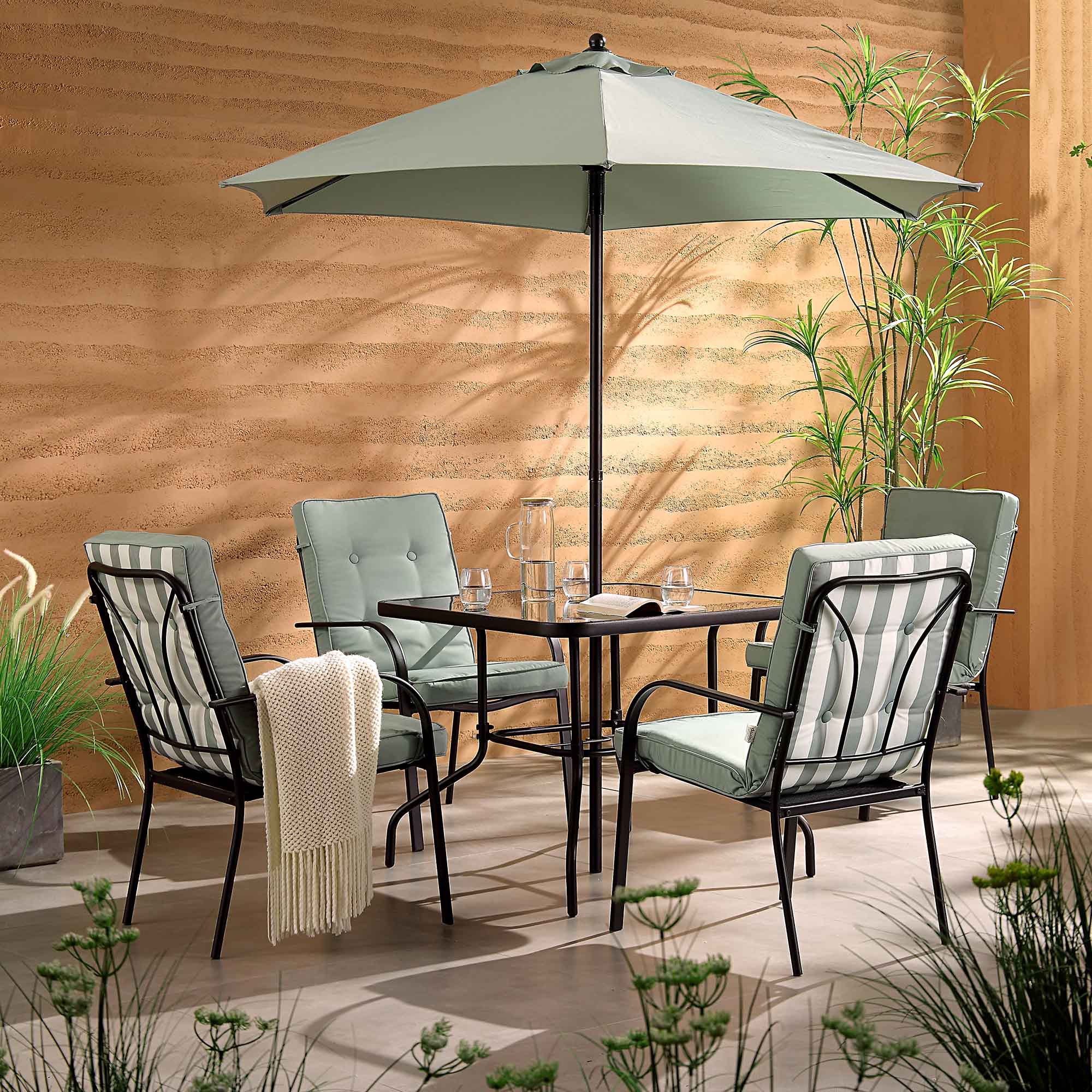 Champneys 4-Seater Steel and Fabric Outdoor Patio Dining Set with Parasol, Sage Green - Image 2
