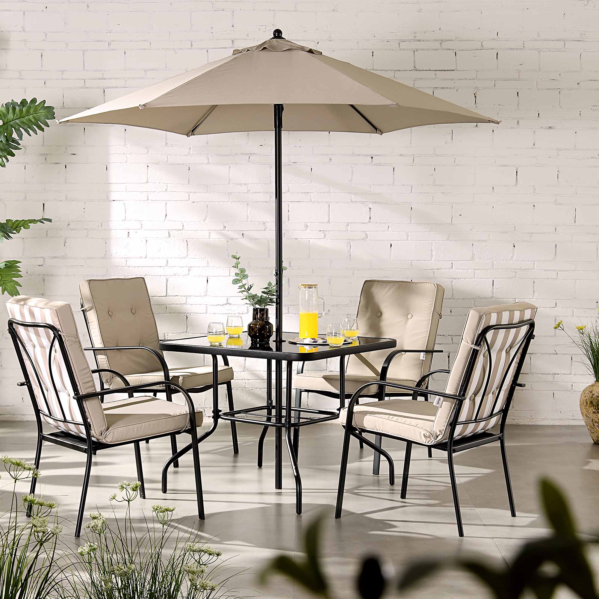 Champneys 4 Seater Steel and Fabric Outdoor Patio Dining Set with Parasol, Taupe - Image 2