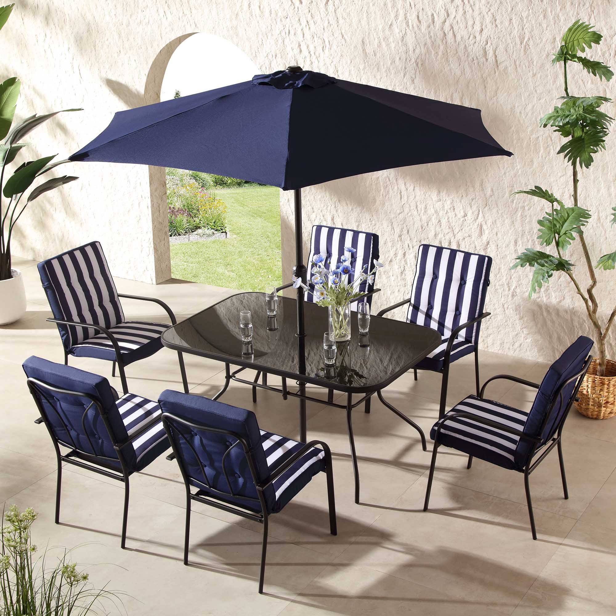 Champneys 6-Seater Steel and Fabric Outdoor Patio Dining Set with Crank Parasol, Blue - Image 2