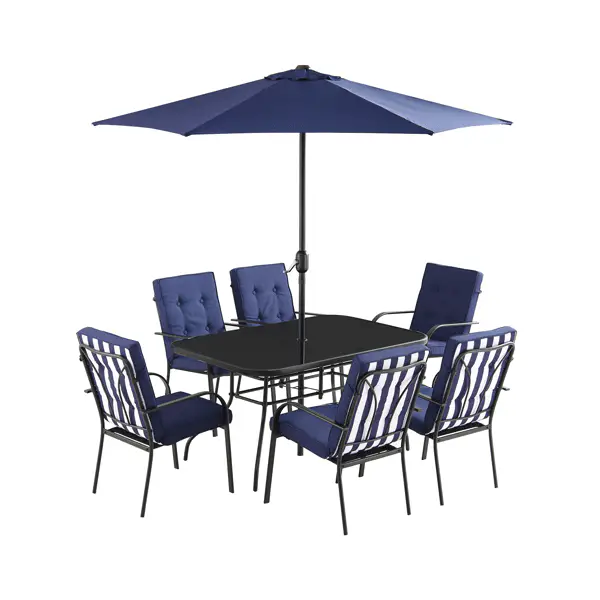 Champneys 6-Seater Steel and Fabric Outdoor Patio Dining Set with Crank Parasol, Blue - Image 4