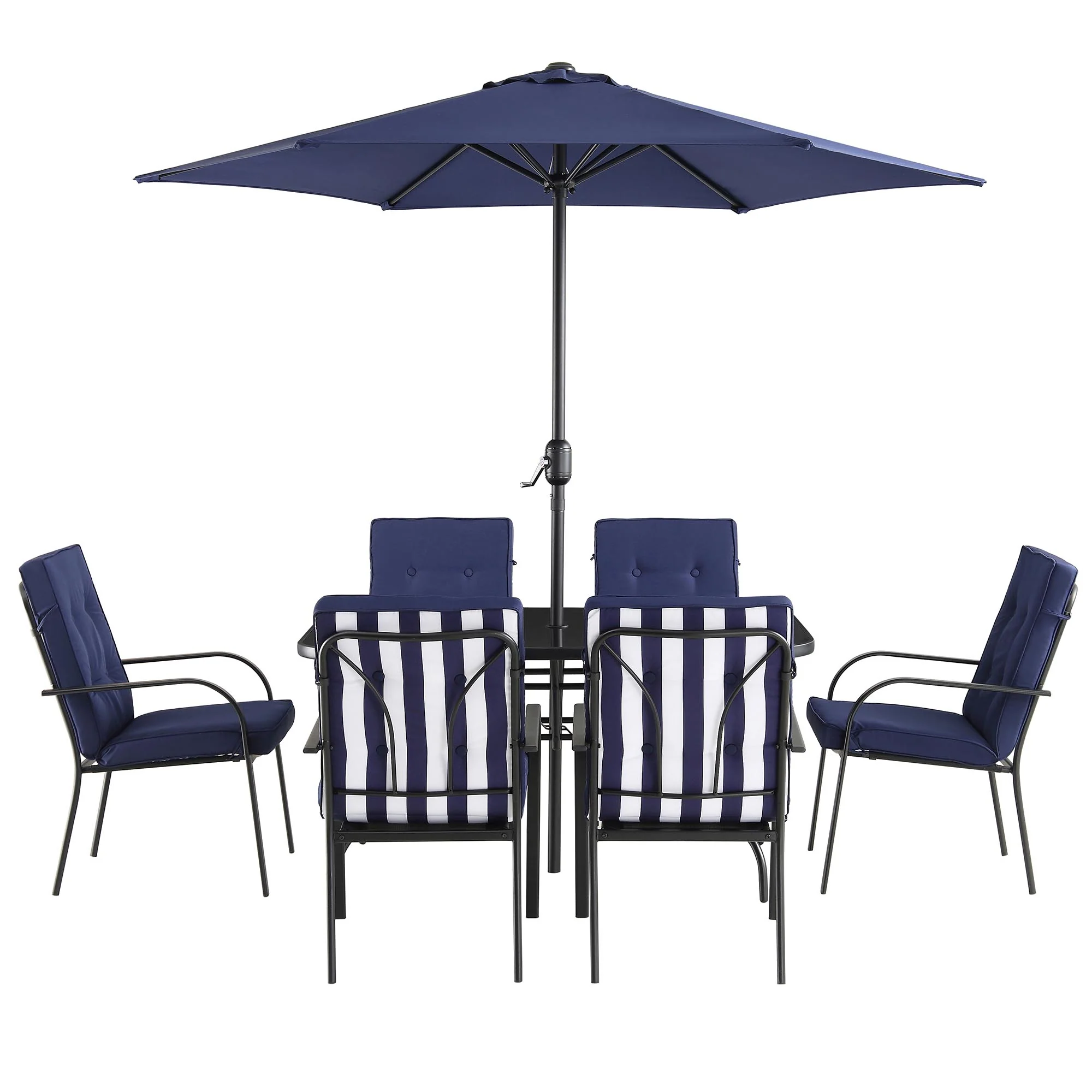 Champneys 6-Seater Steel and Fabric Outdoor Patio Dining Set with Crank Parasol, Blue - Image 9