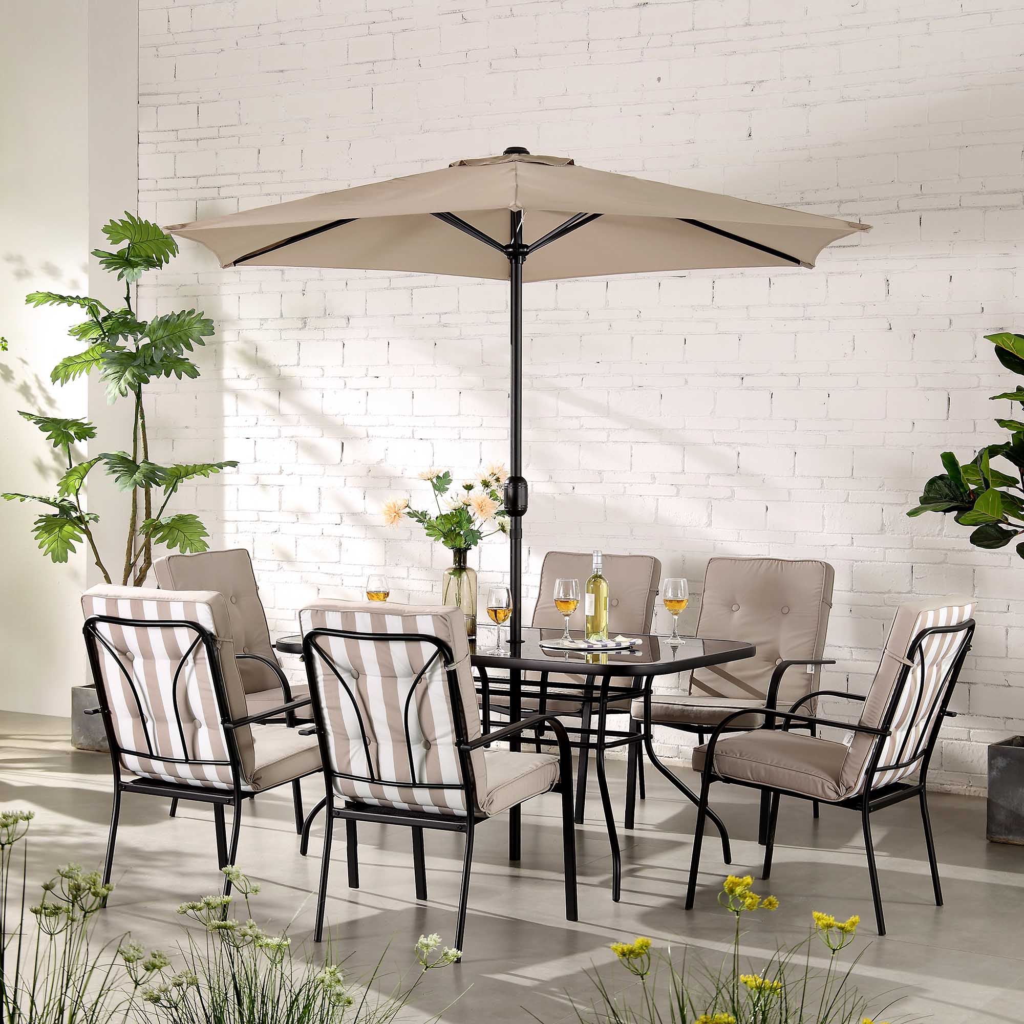 Champneys 6-Seater Steel and Fabric Outdoor Patio Dining Set with Crank Parasol, Taupe - Image 2