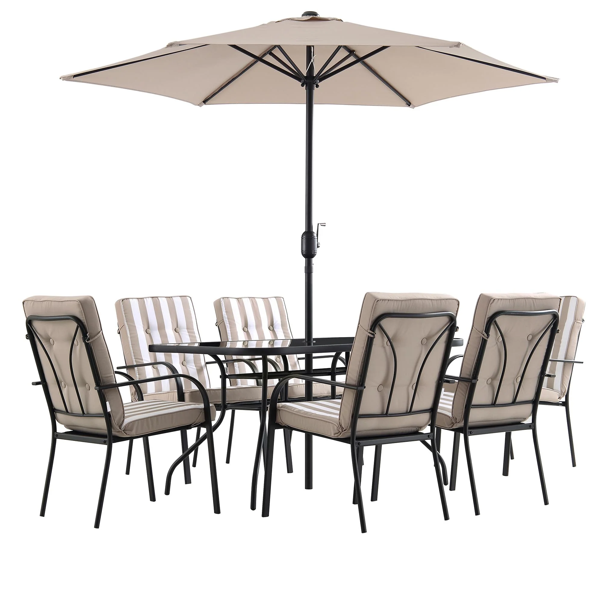Champneys 6-Seater Steel and Fabric Outdoor Patio Dining Set with Crank Parasol, Taupe - Image 4