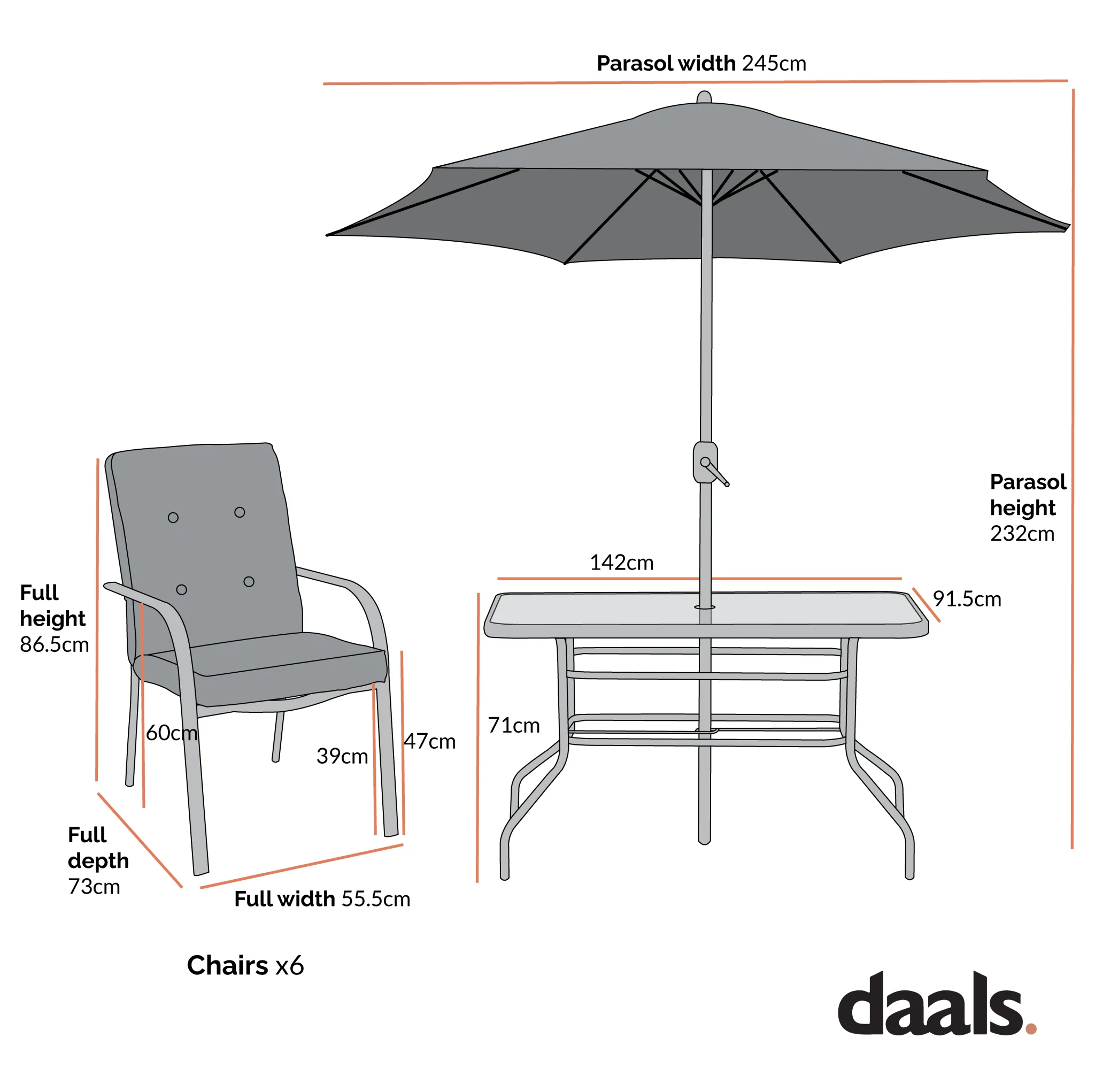 Champneys 6-Seater Steel and Fabric Outdoor Patio Dining Set with Crank Parasol, Blue - Image 6