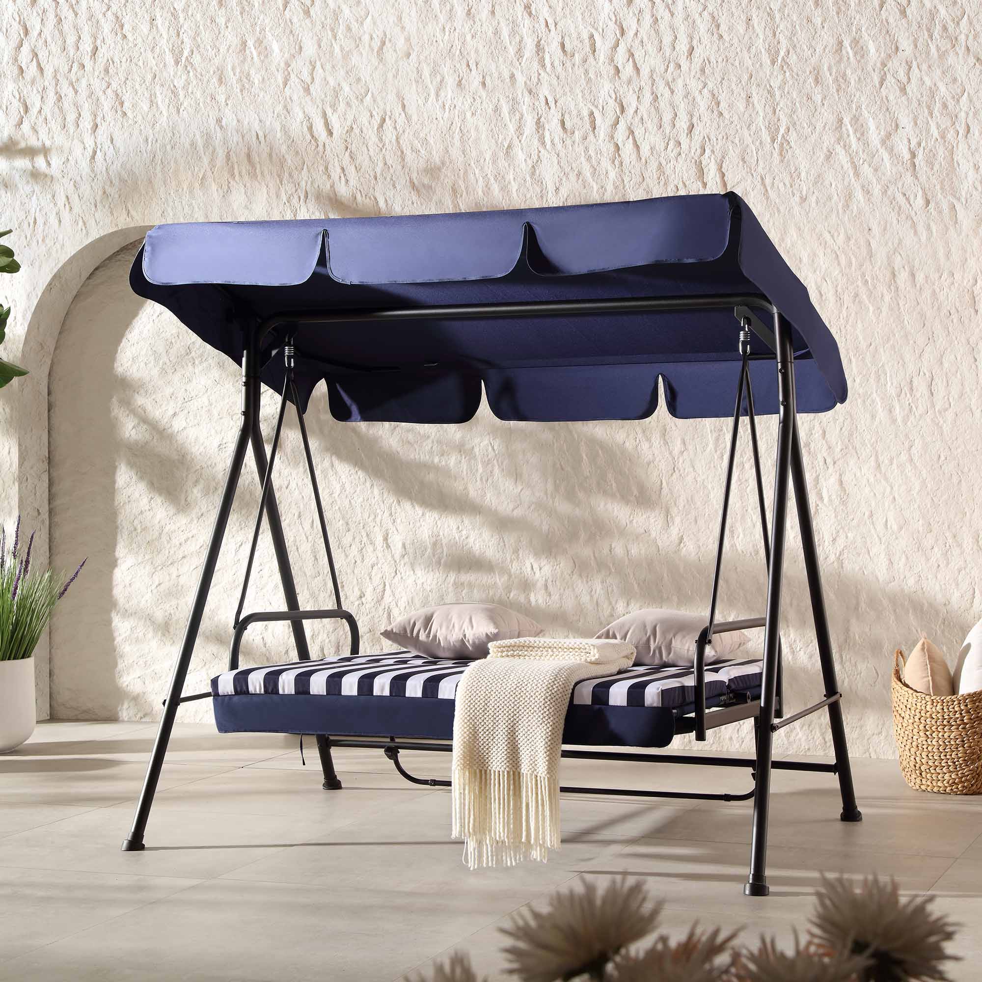 Champneys Outdoor Reclining Swing with Canopy, Blue Striped - Image 2