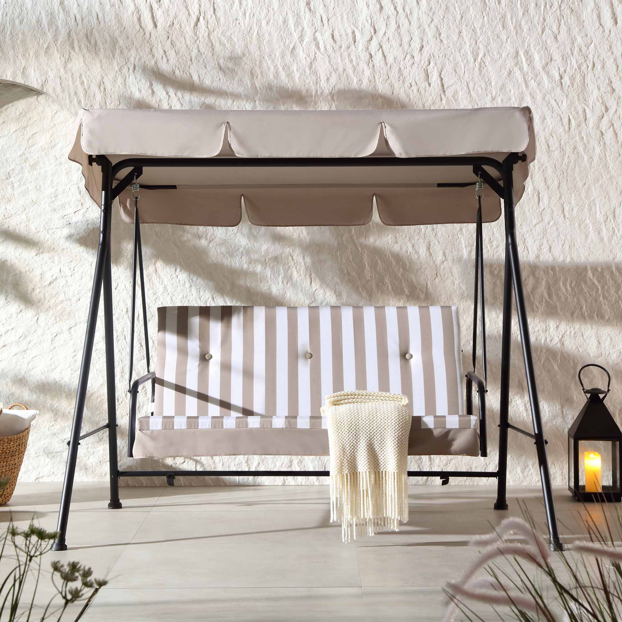 Champneys Outdoor Reclining Swing with Canopy, Taupe Striped - Image 2