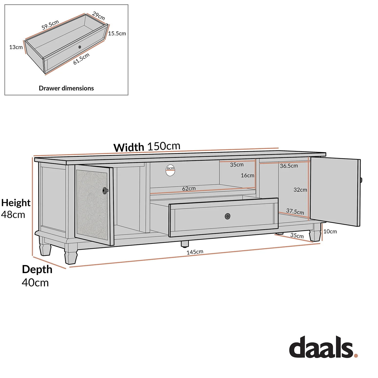 Chantilly Whitewashed 150cm Wide TV Unit - Image 9