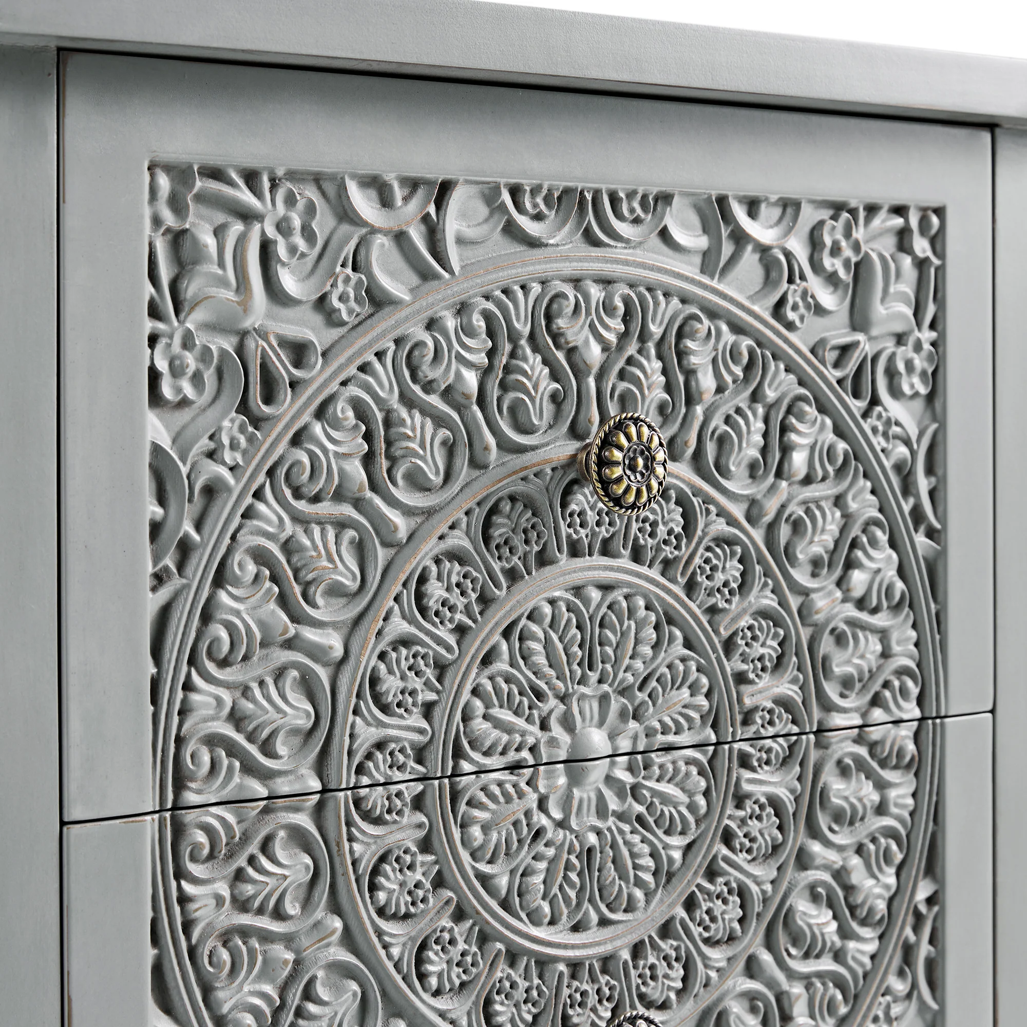 Chantilly Mid Grey Carved 2 Drawer Bedside Table - Image 12