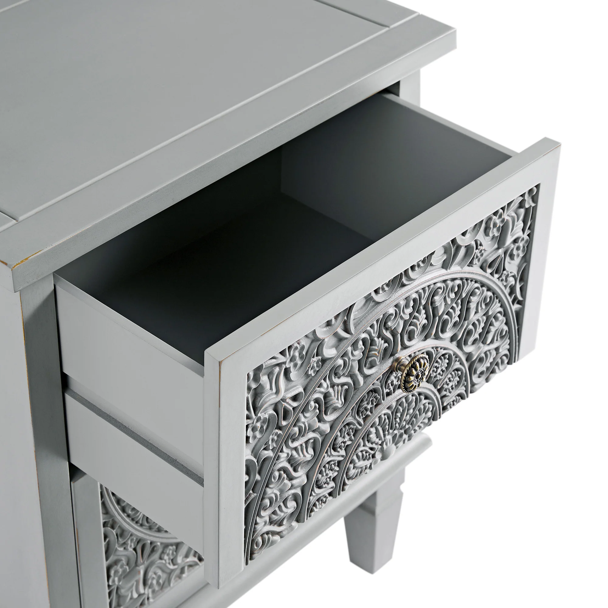 Chantilly Mid Grey Carved 2 Drawer Bedside Table - Image 13