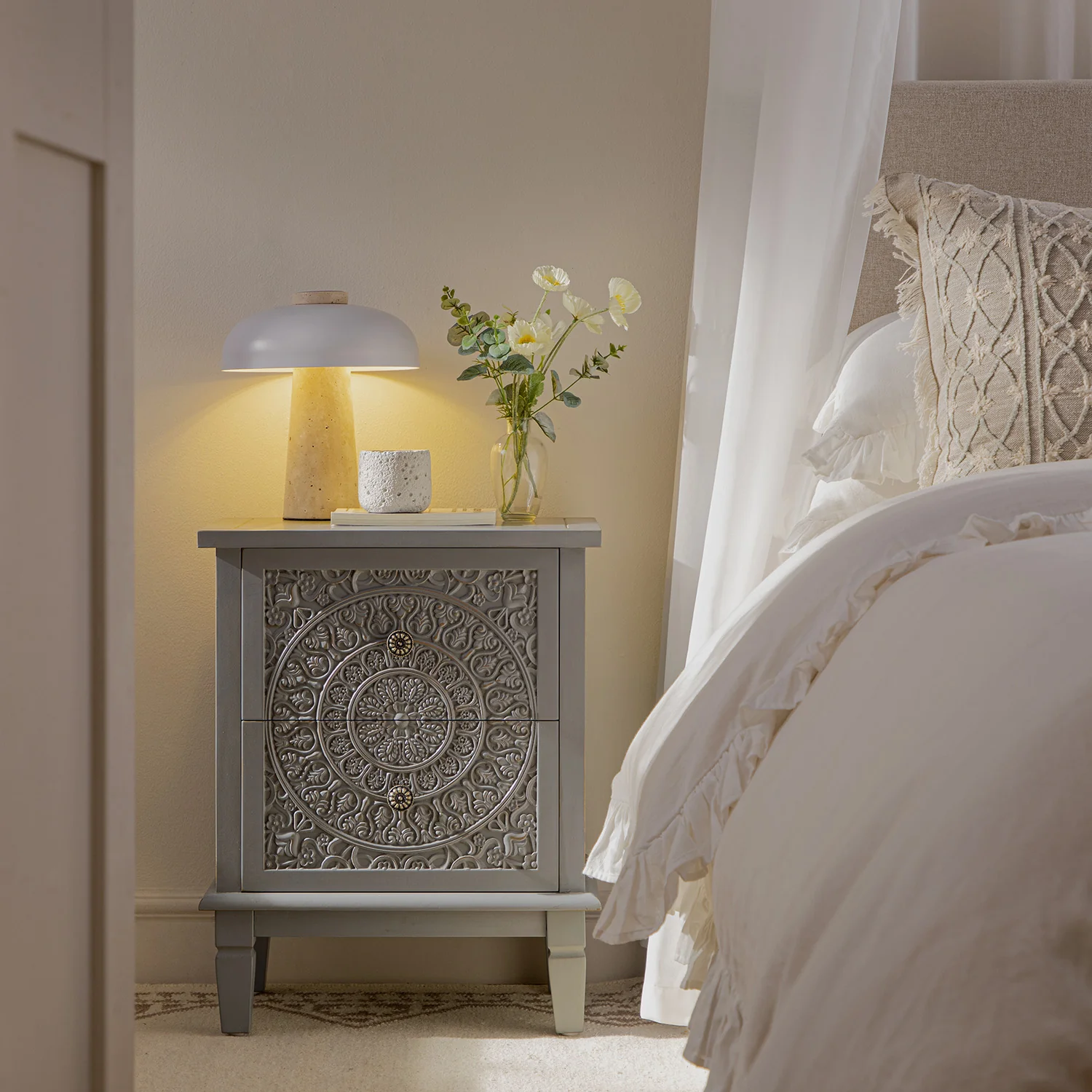 Chantilly Mid Grey Carved 2 Drawer Bedside Table - Image 2