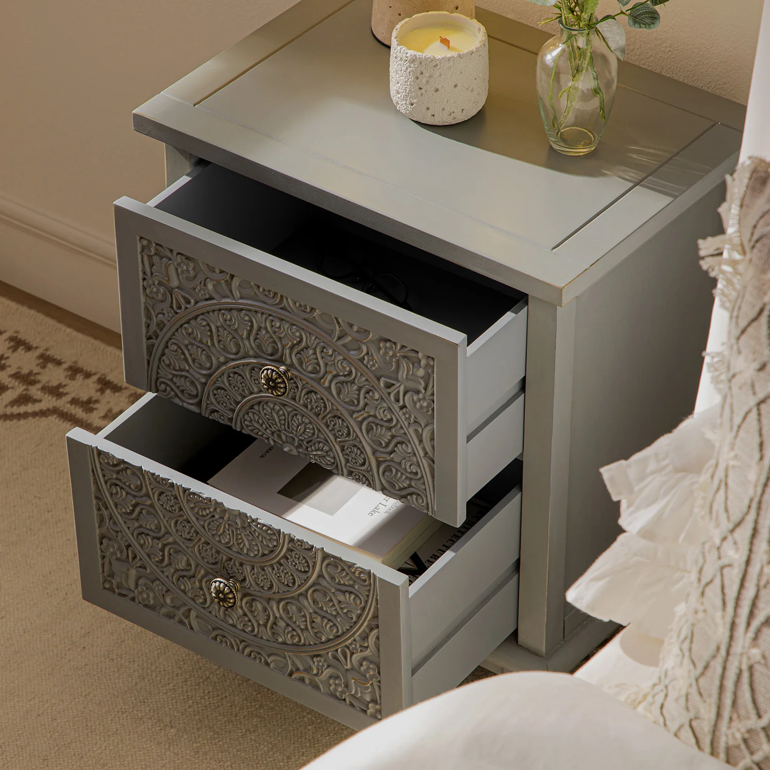 Chantilly Mid Grey Carved 2 Drawer Bedside Table - Image 3