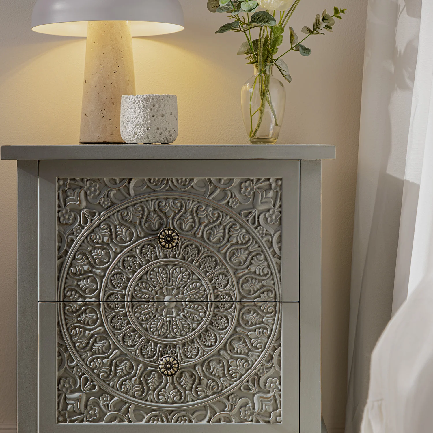 Chantilly Mid Grey Carved 2 Drawer Bedside Table - Image 4