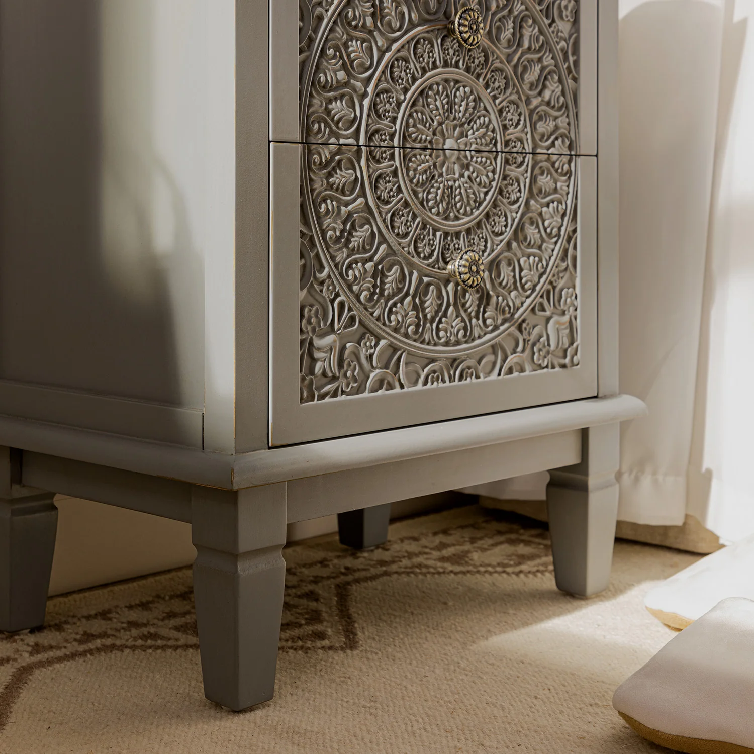Chantilly Mid Grey Carved 2 Drawer Bedside Table - Image 5