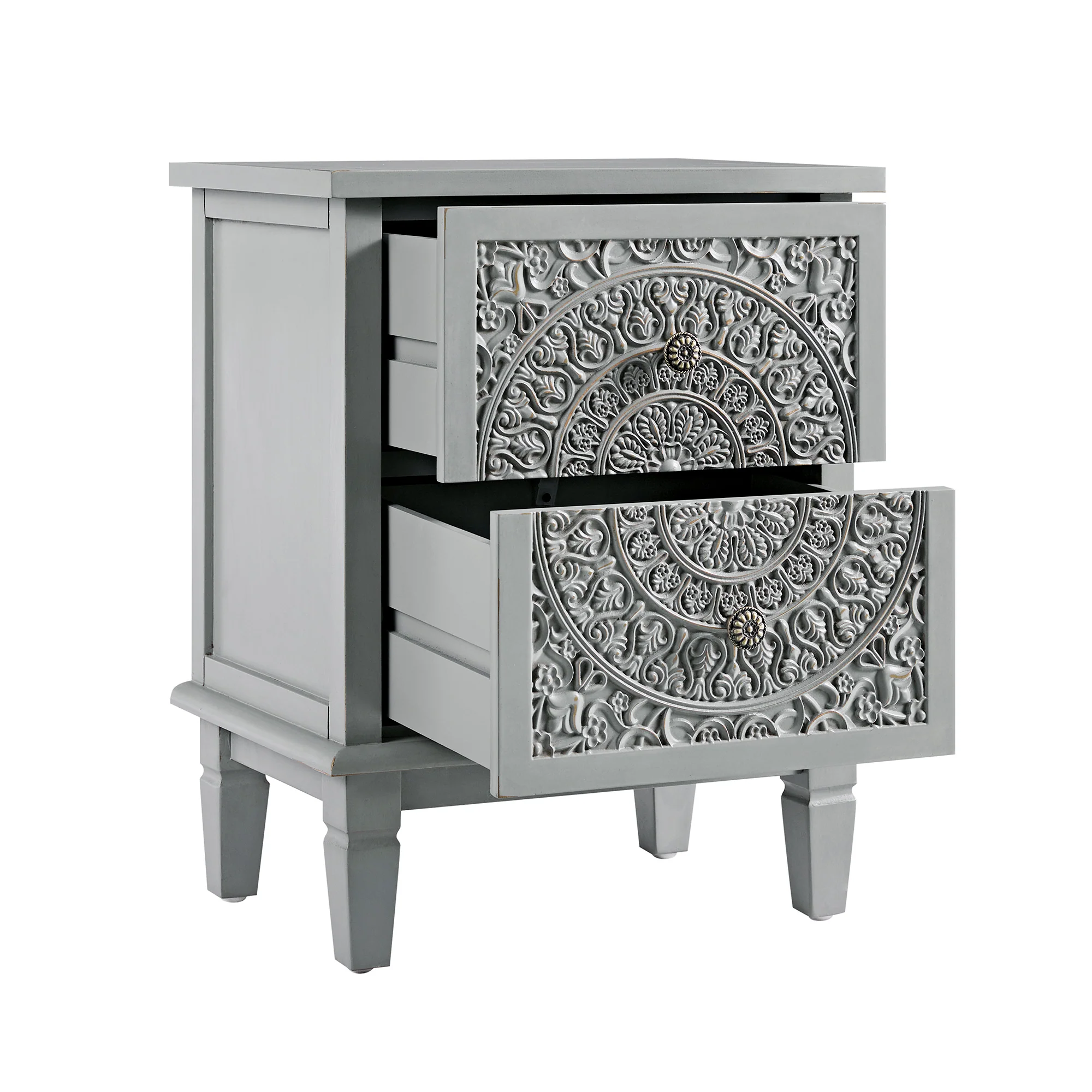 Chantilly Mid Grey Carved 2 Drawer Bedside Table - Image 9