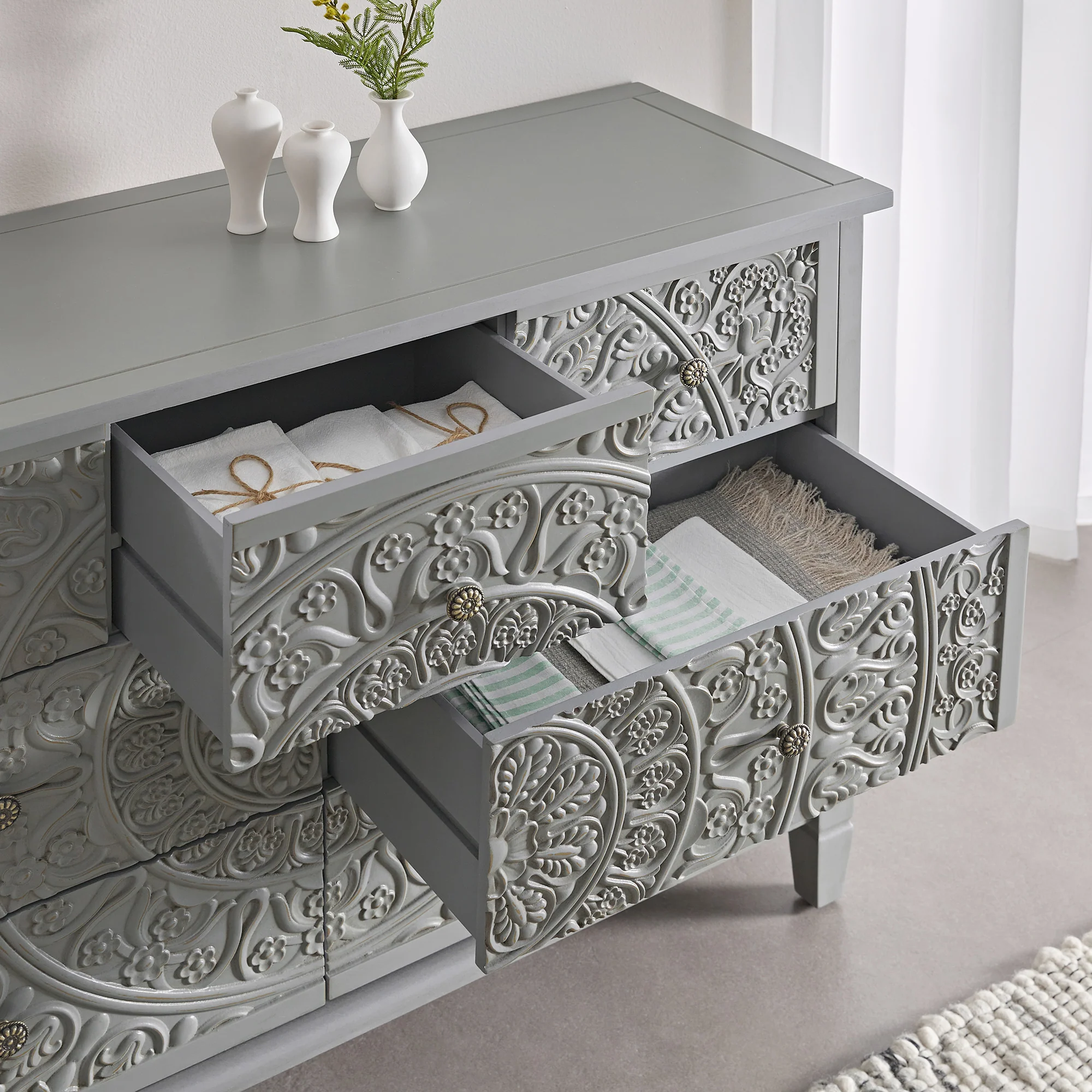 Chantilly Mid Grey Carved 3 over 4 Drawer Chest - Image 4