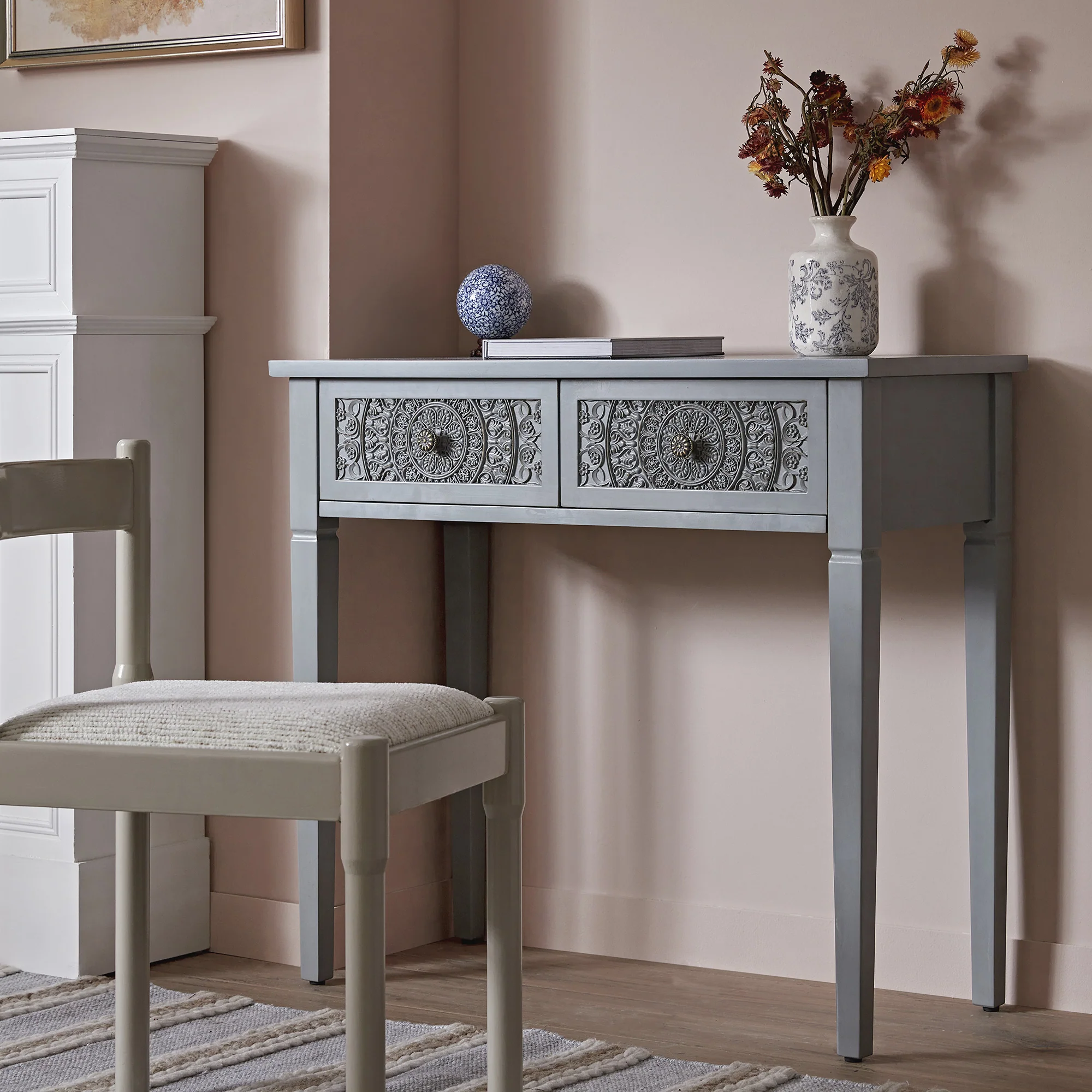 Chantilly Mid Grey Carved Console/ Dressing Table - Image 2