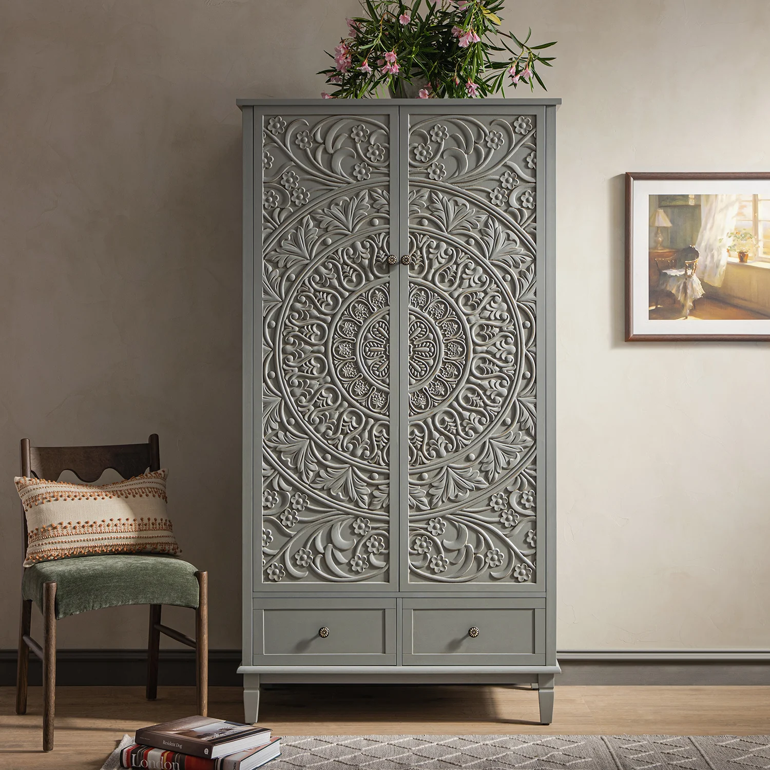Chantilly Mid Grey Carved Double Wardrobe - Image 2
