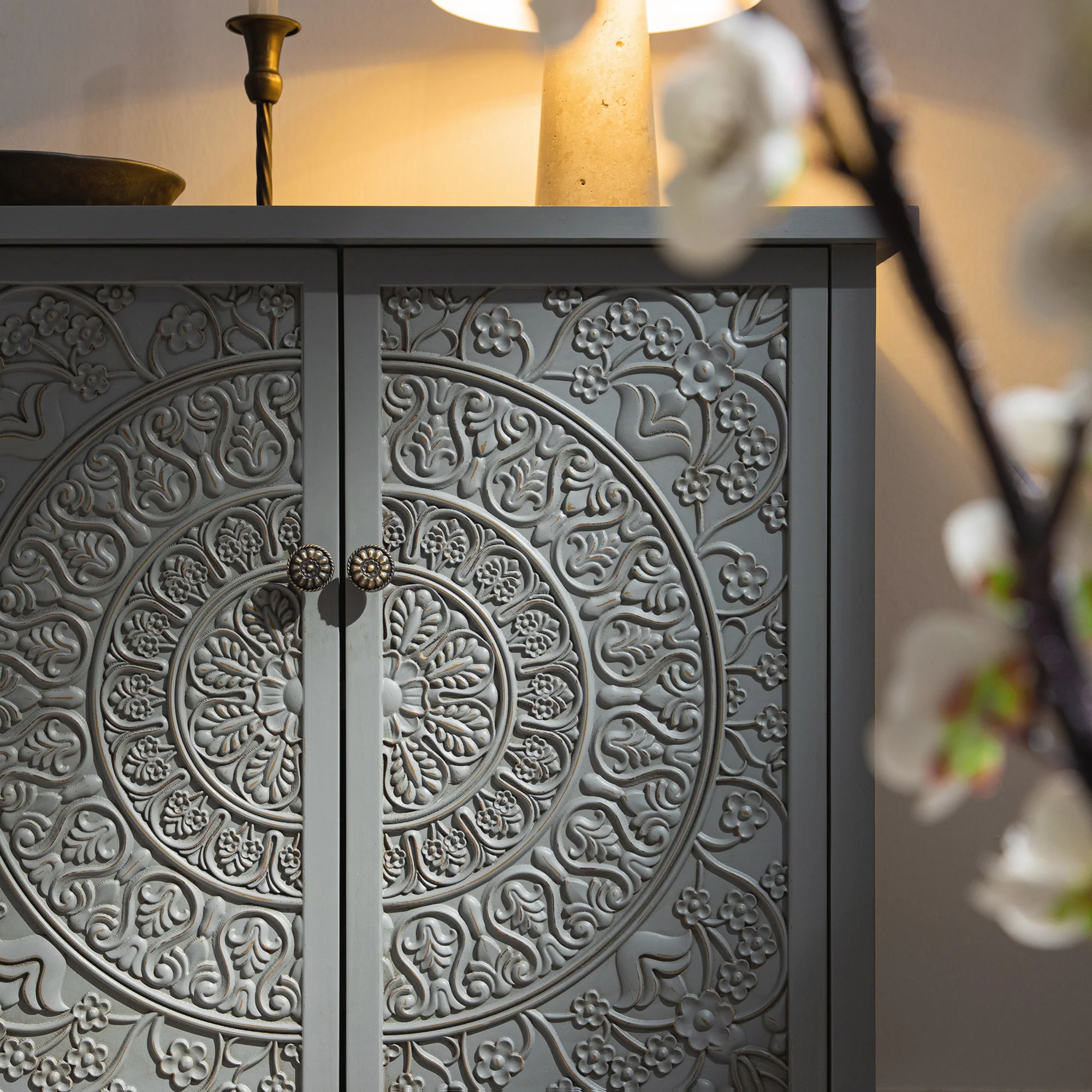 Chantilly Mid Grey Carved Small Sideboard - Image 4