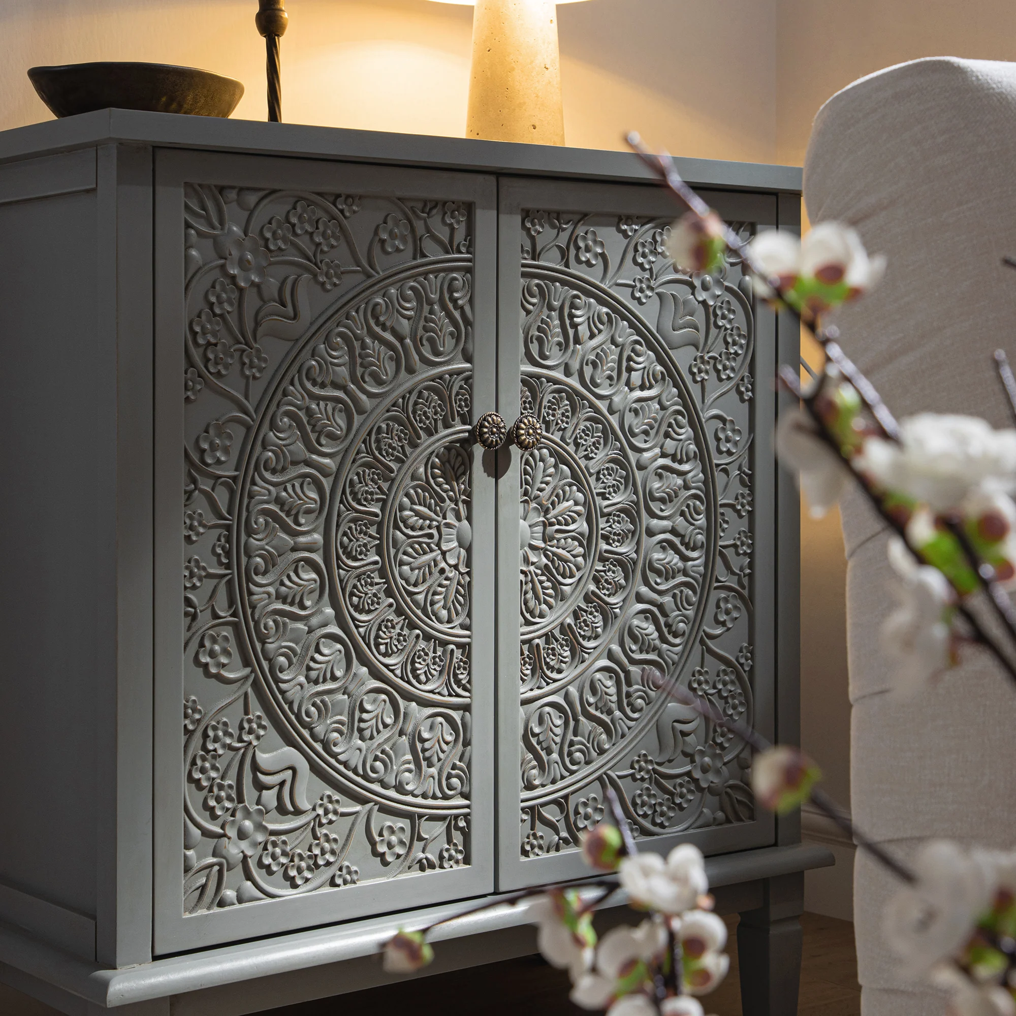 Chantilly Mid Grey Carved Small Sideboard - Image 5