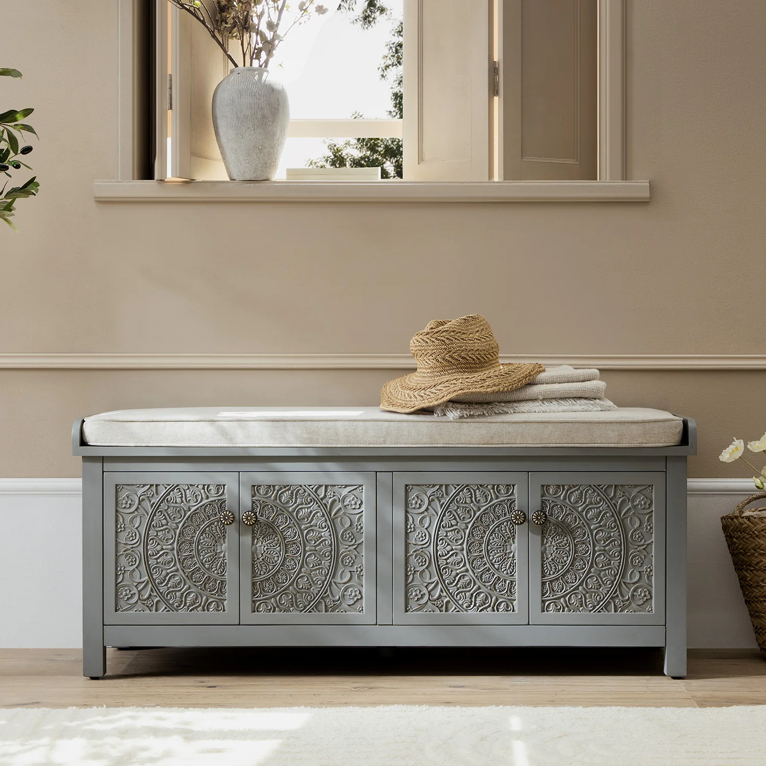 Chantilly Mid Grey Carved Storage Bench - Image 2