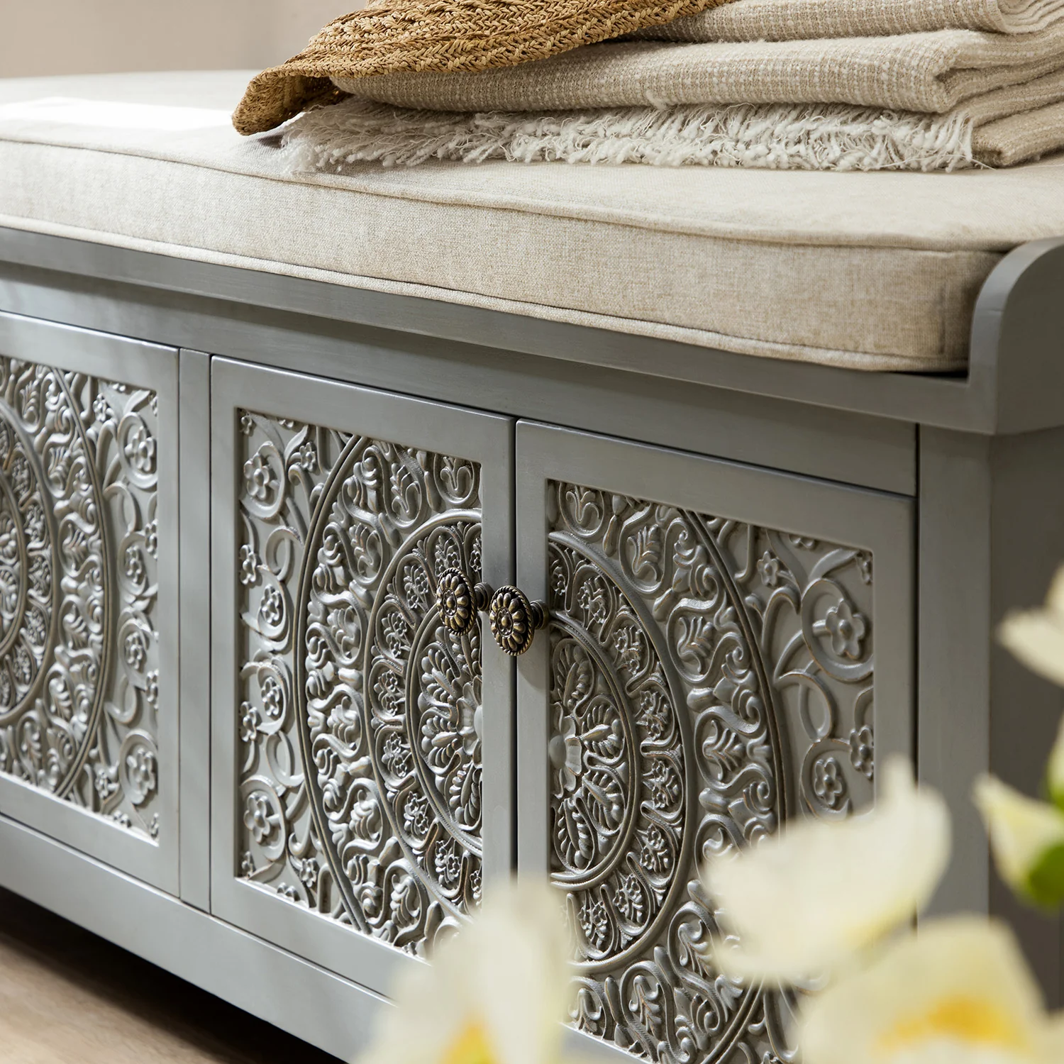 Chantilly Mid Grey Carved Storage Bench - Image 3