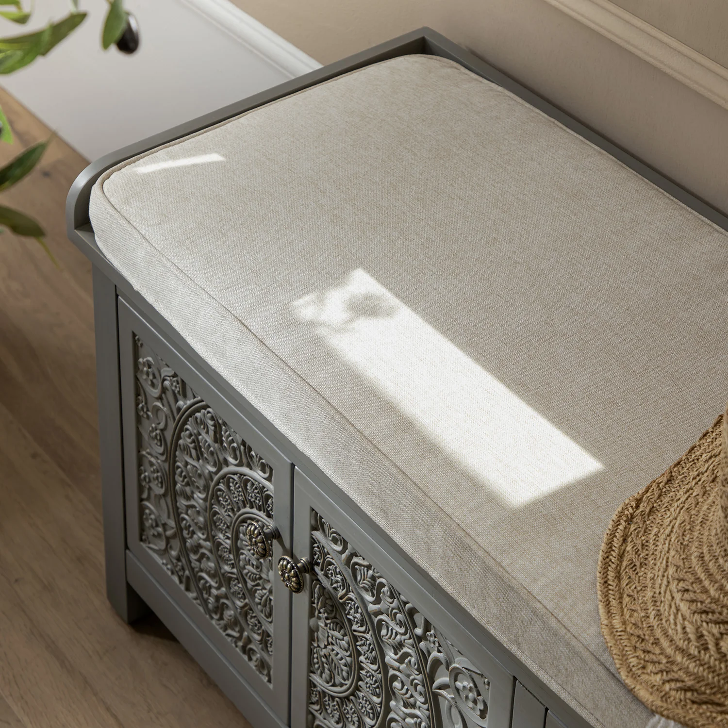 Chantilly Mid Grey Carved Storage Bench - Image 5