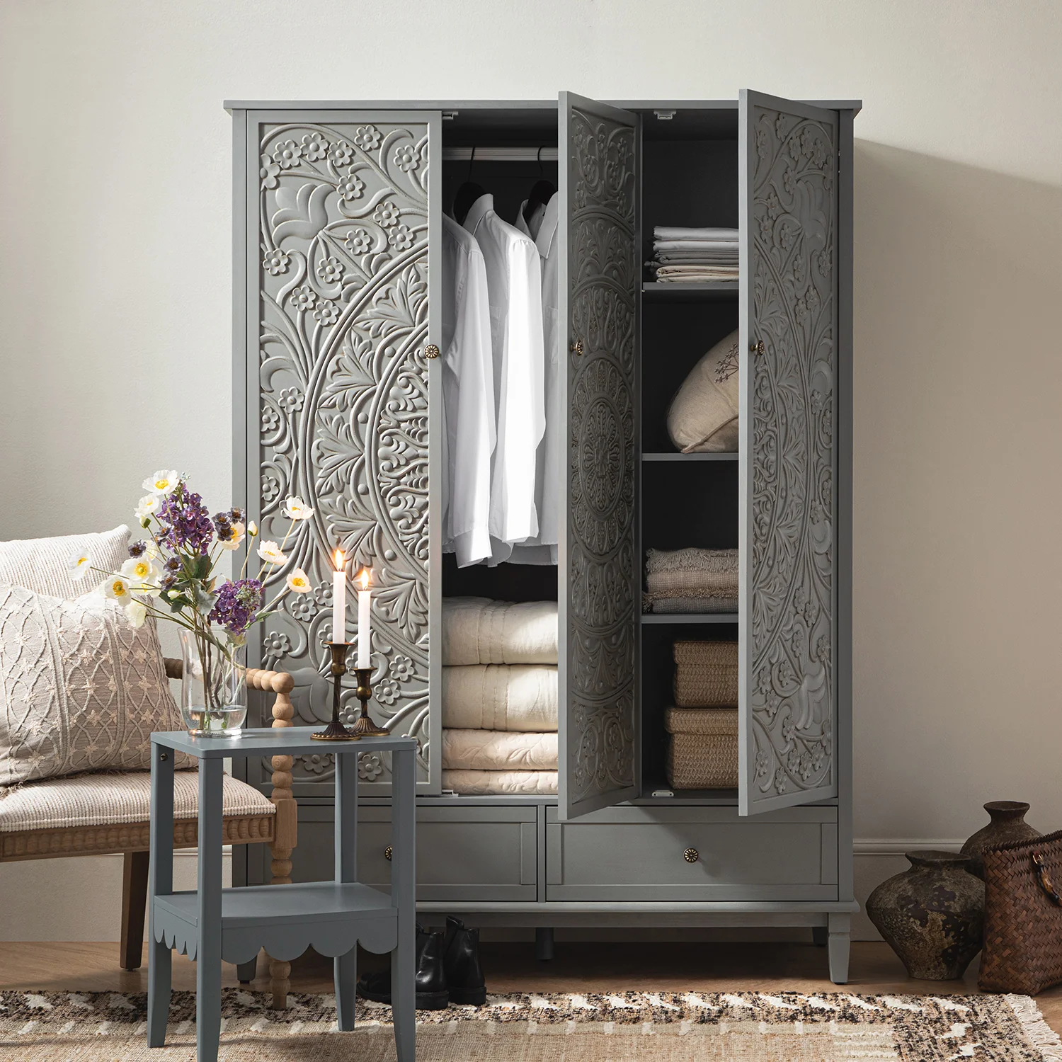 Chantilly Mid Grey Carved Triple Wardrobe - Image 2