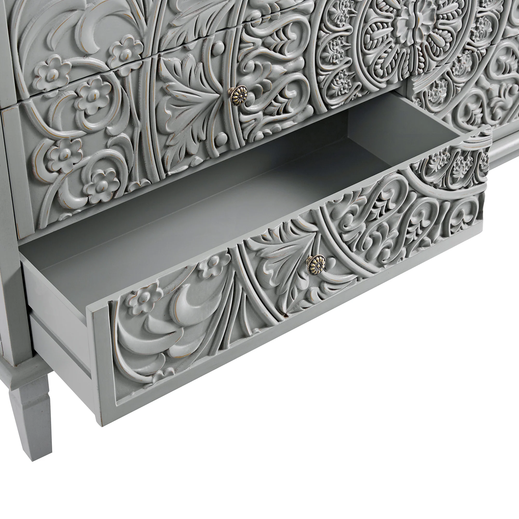 Chantilly Mid Grey Carved Wide 6 Drawer Chest - Image 12