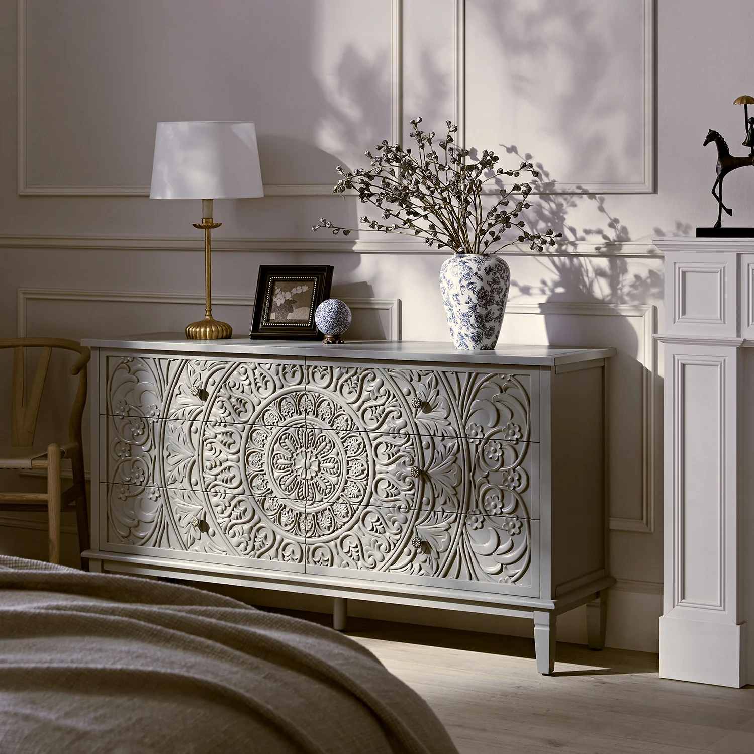 Chantilly Mid Grey Carved Wide 6 Drawer Chest - Image 2