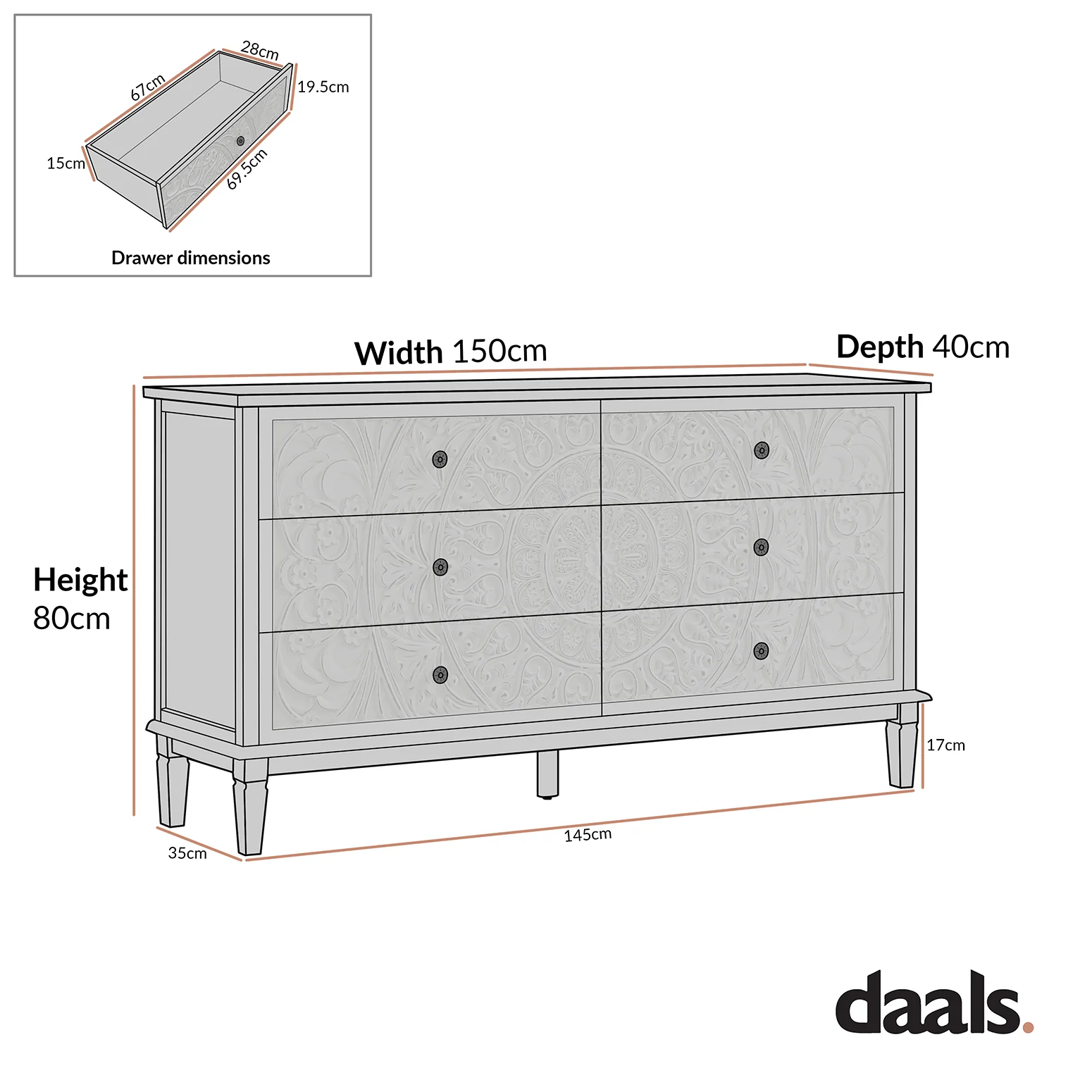 Chantilly Mid Grey Carved Wide 6 Drawer Chest - Image 8