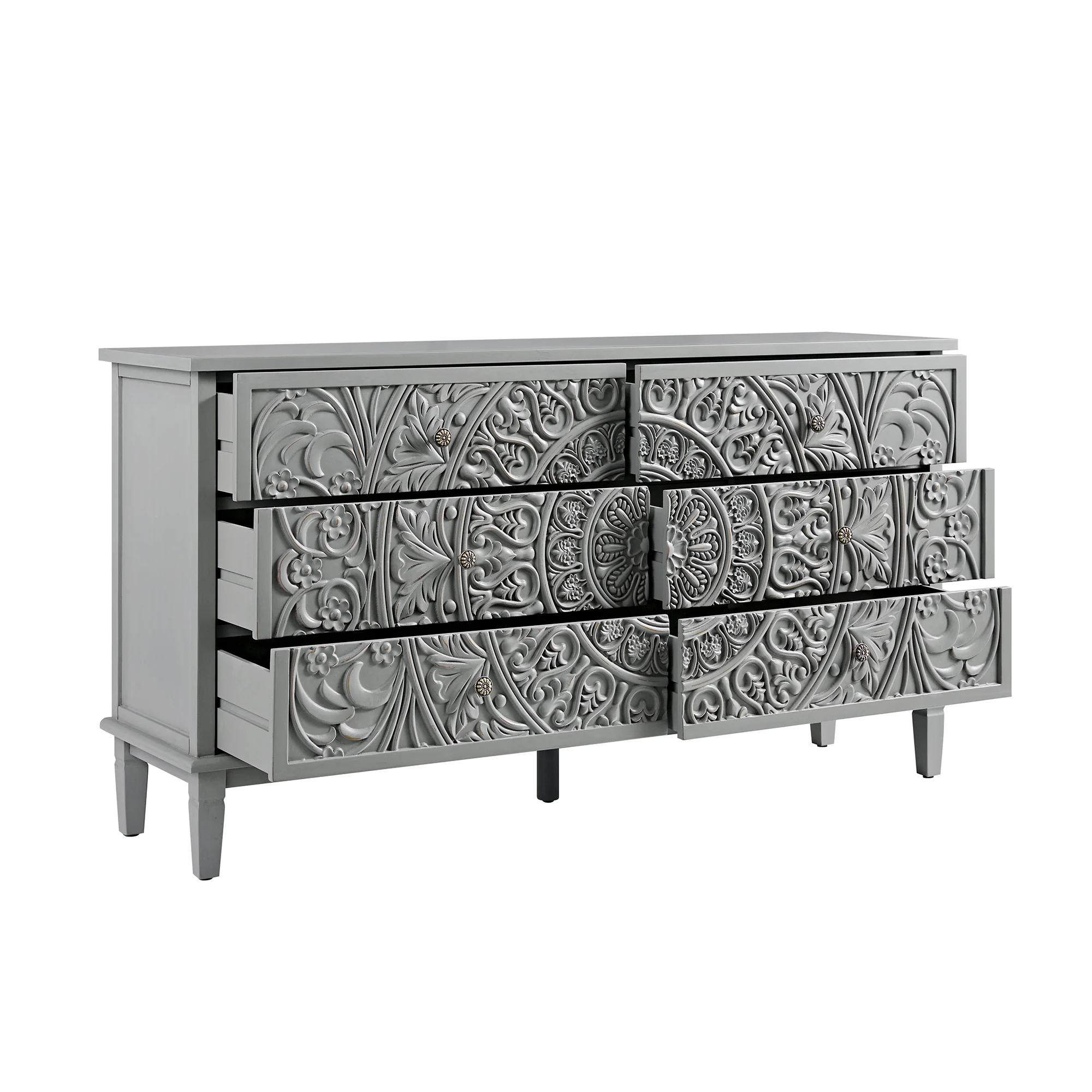 Chantilly Mid Grey Carved Wide 6 Drawer Chest - Image 9