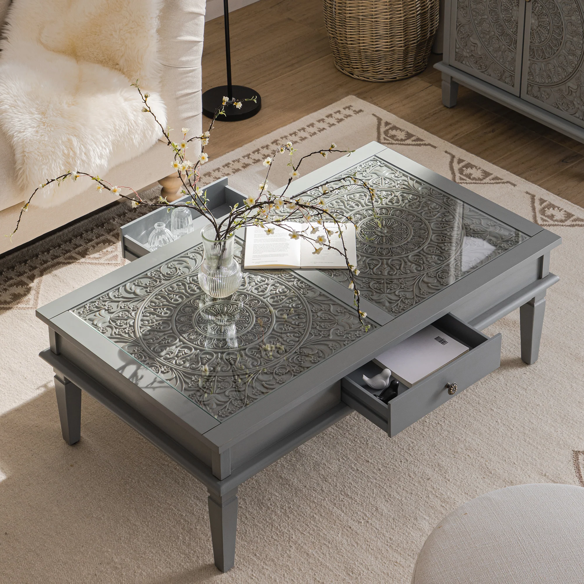 Chantilly Mid Grey Coffee Table with Drawers - Image 4