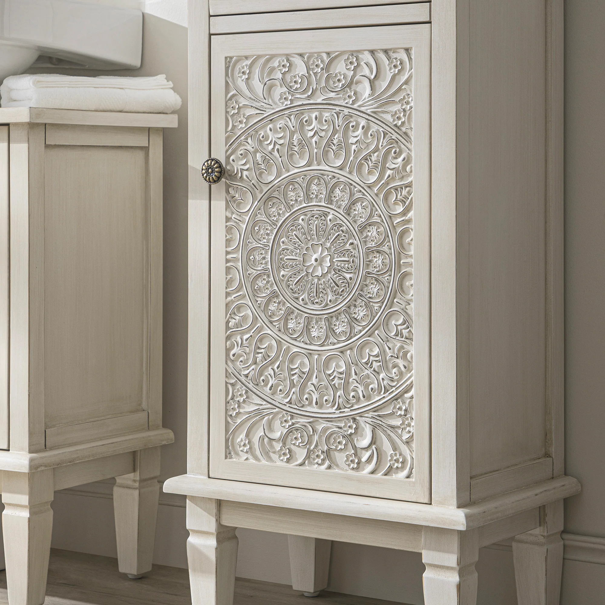 Chantilly Whitewashed Carved Bathroom Cupboard - Image 6