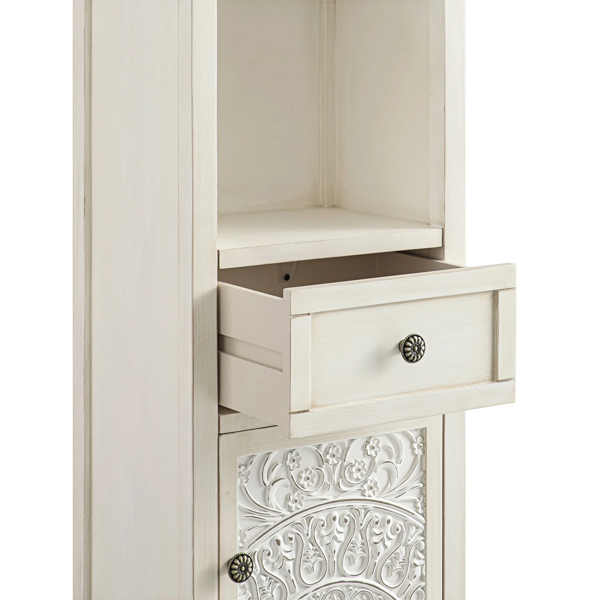 Chantilly Whitewashed Carved Bathroom Tallboy Cabinet - Image 15