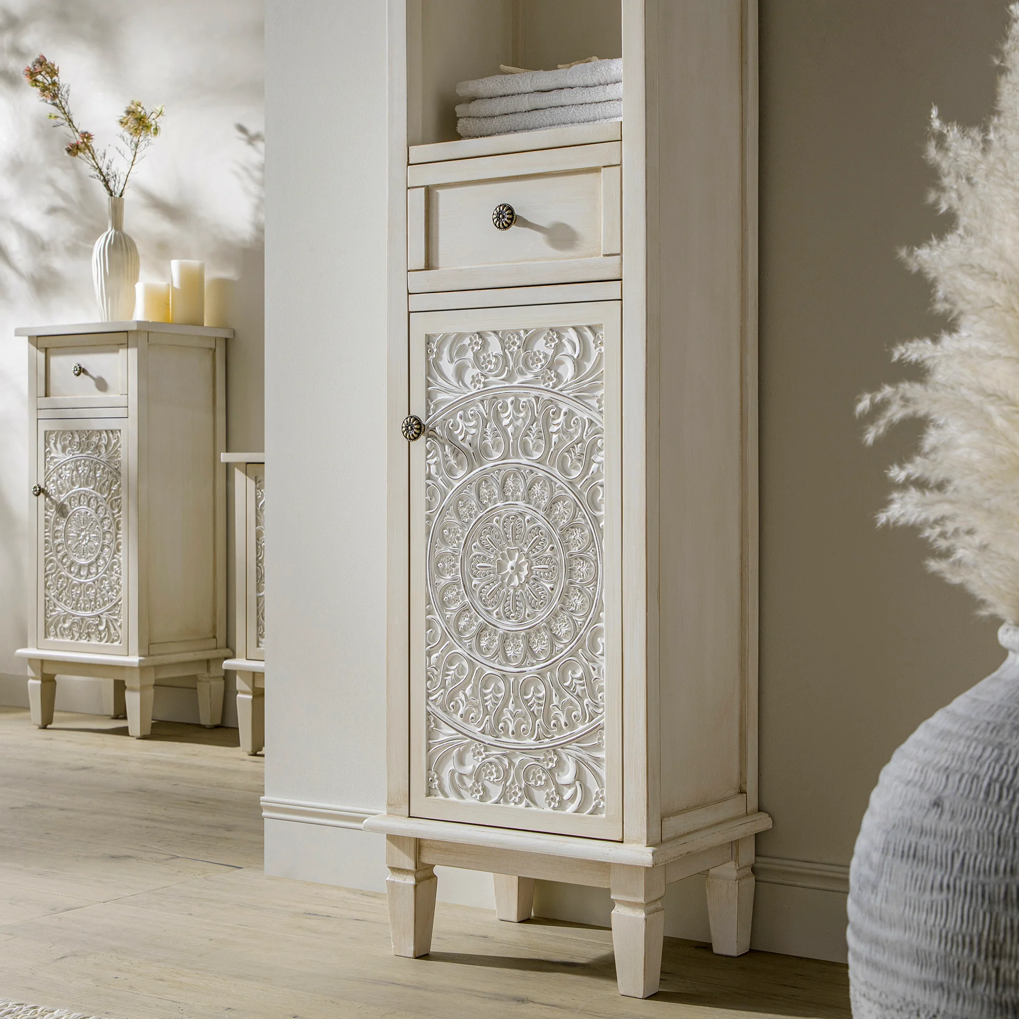 Chantilly Whitewashed Carved Bathroom Tallboy Cabinet - Image 4