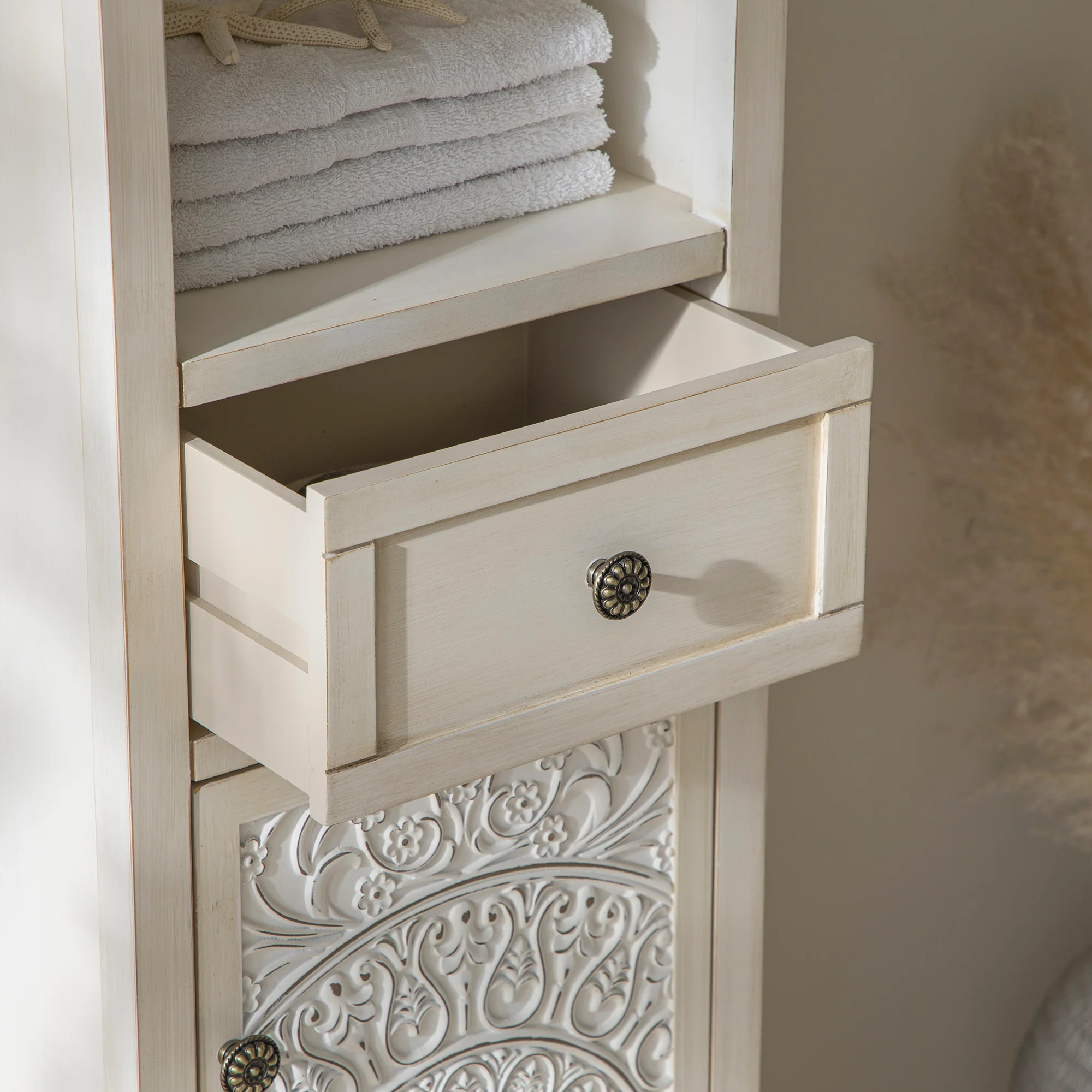 Chantilly Whitewashed Carved Bathroom Tallboy Cabinet - Image 6