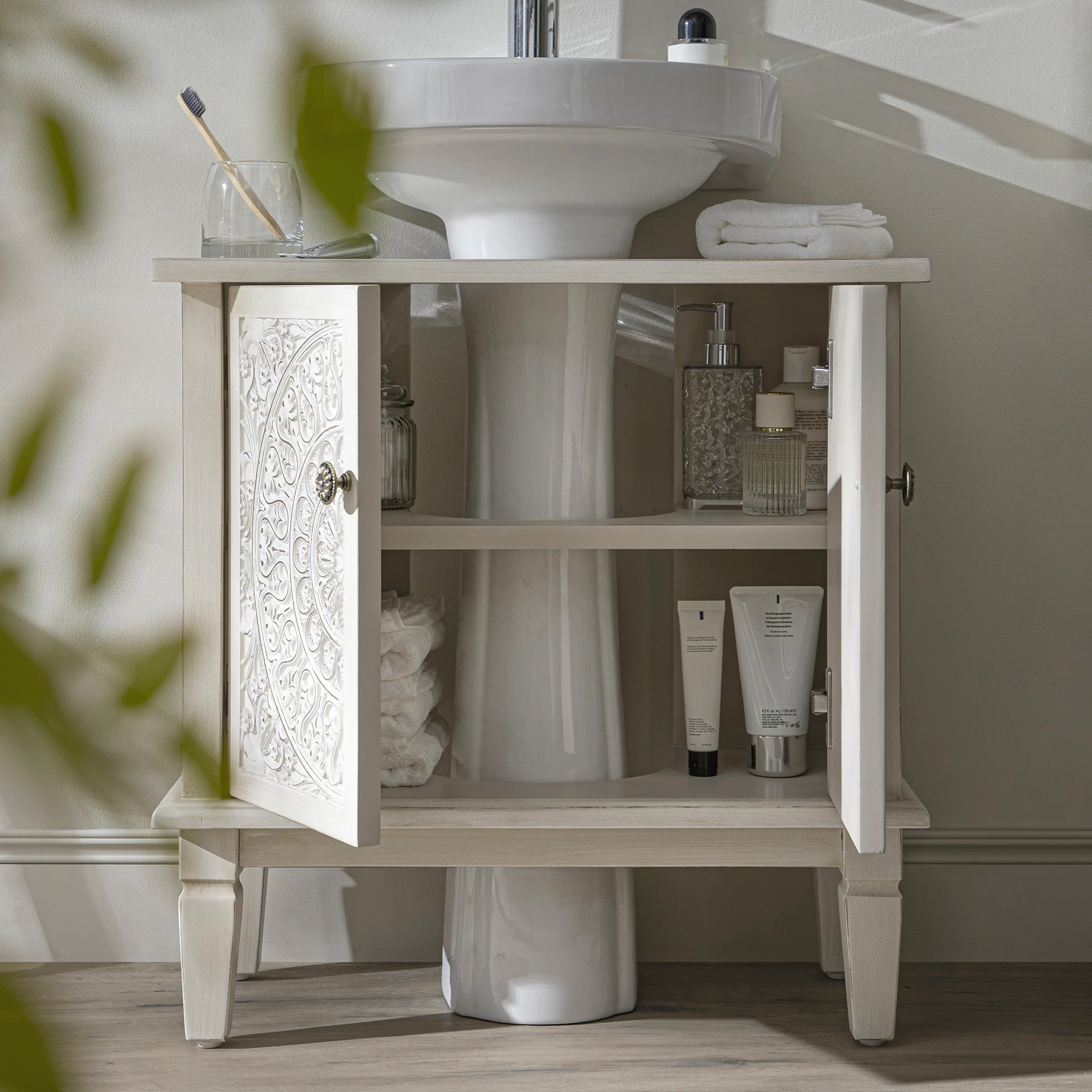 Chantilly Whitewashed Carved Bathroom Undersink Unit - Image 4