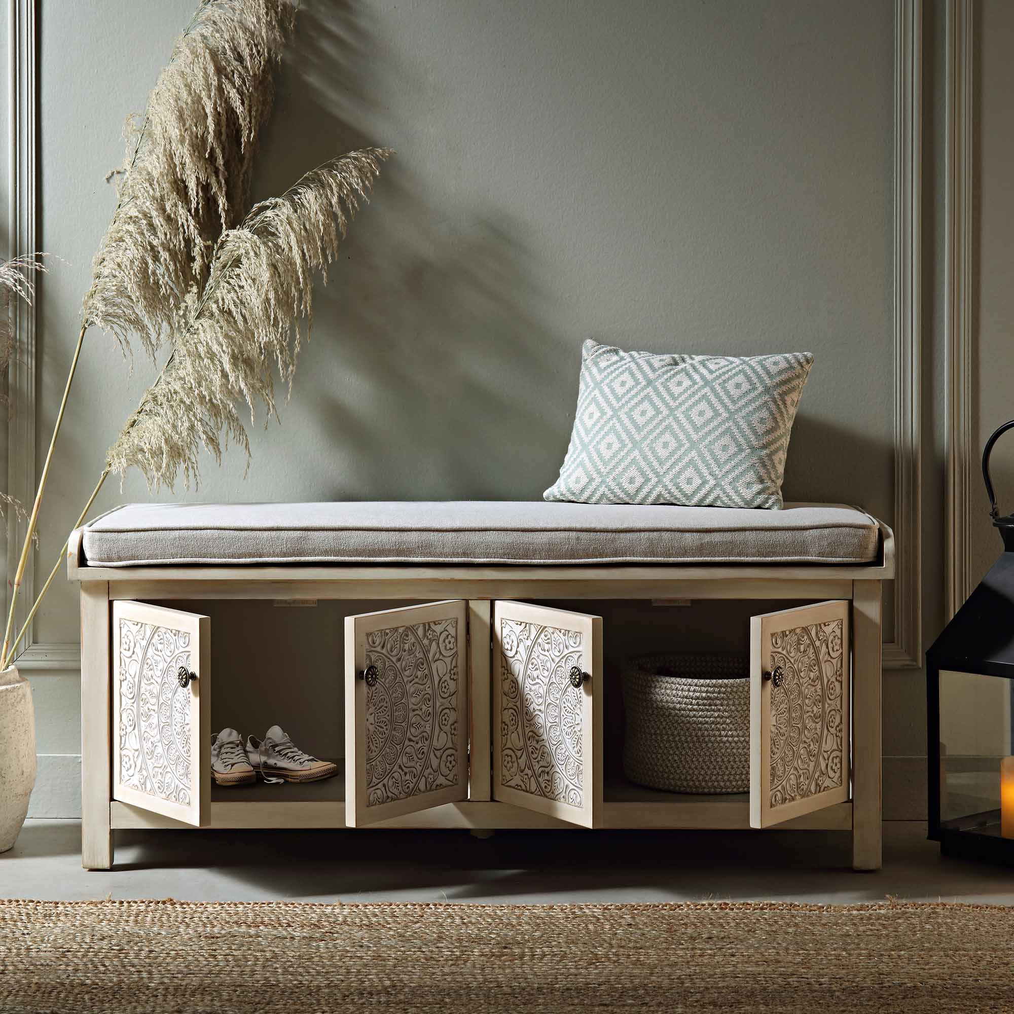 Chantilly Whitewashed Carved Storage Bench - Image 3