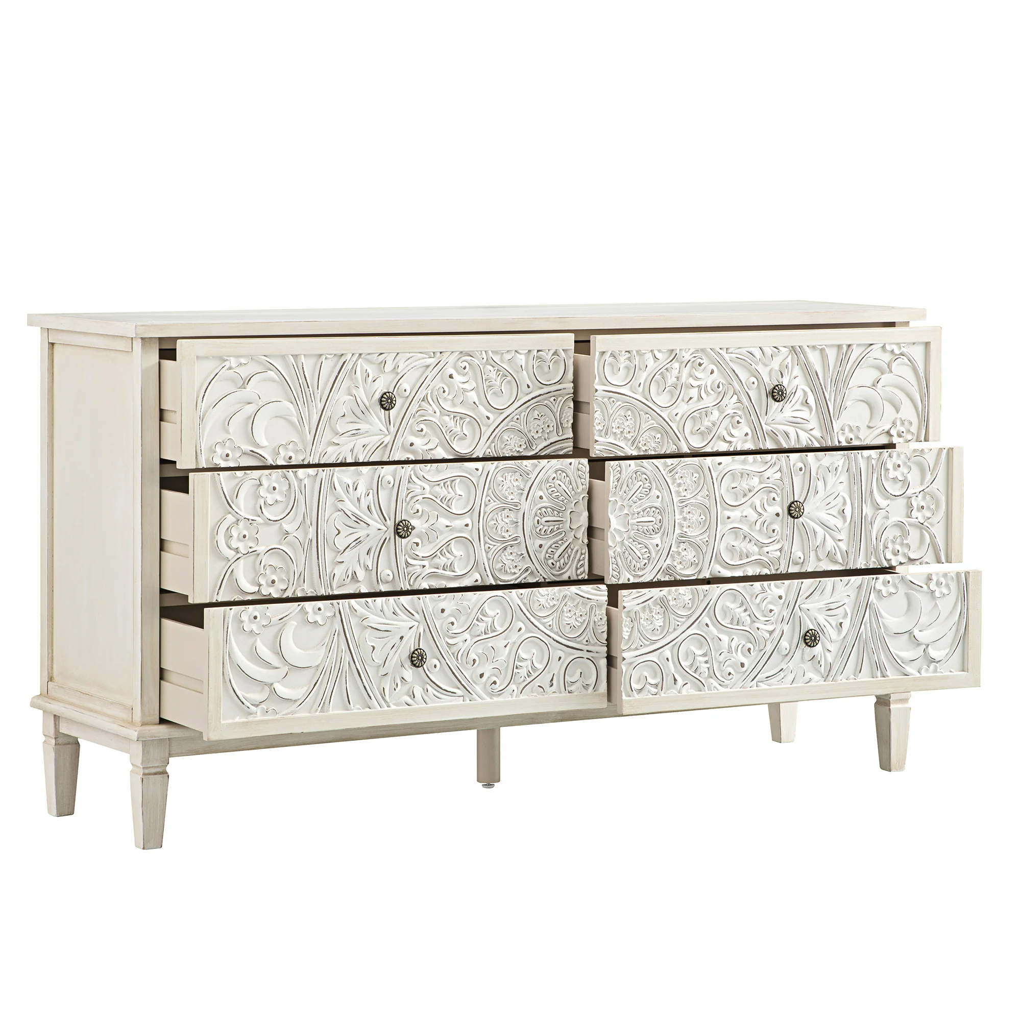 Chantilly Whitewashed Carved Wide 6 Drawer Chest - Image 10