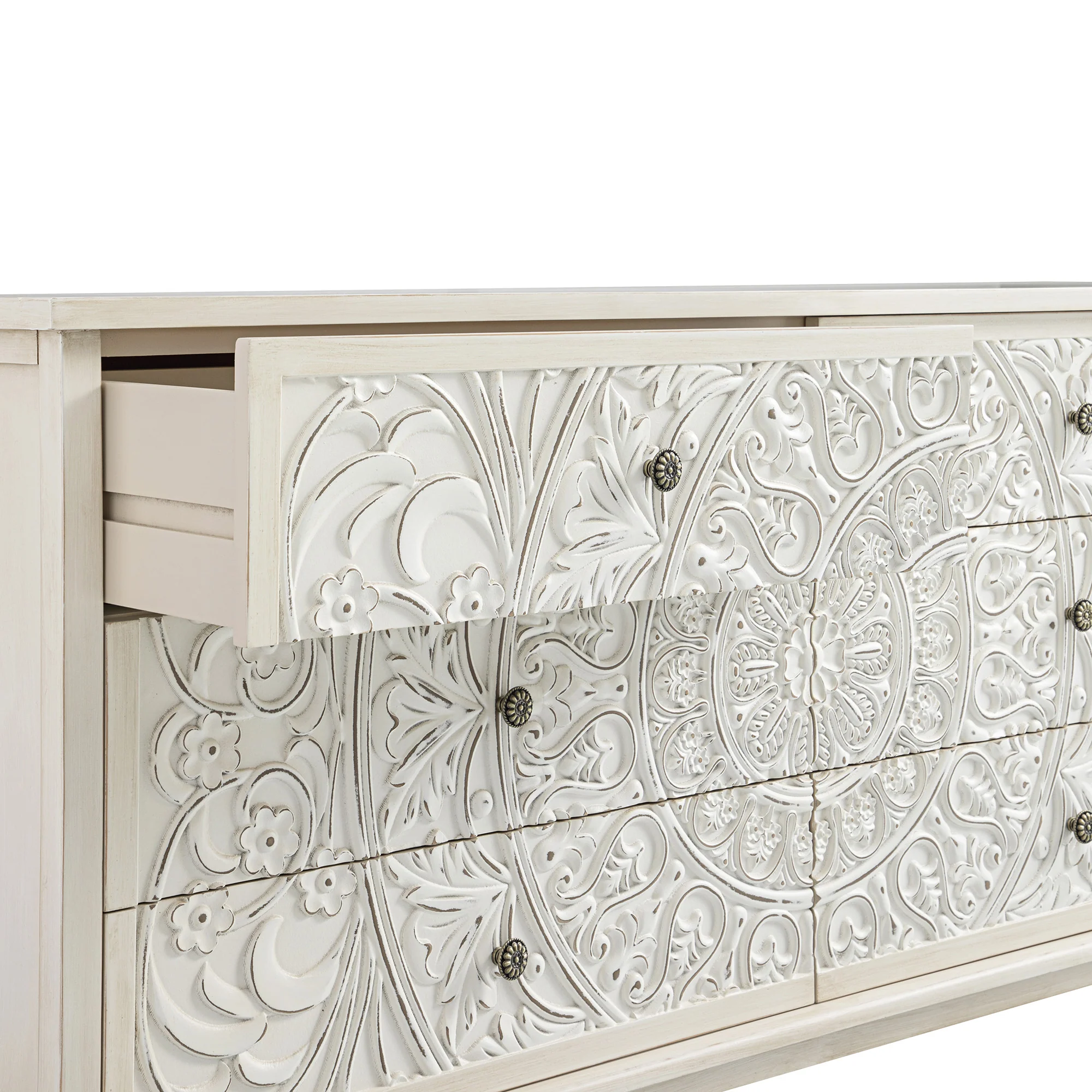 Chantilly Whitewashed Carved Wide 6 Drawer Chest - Image 13