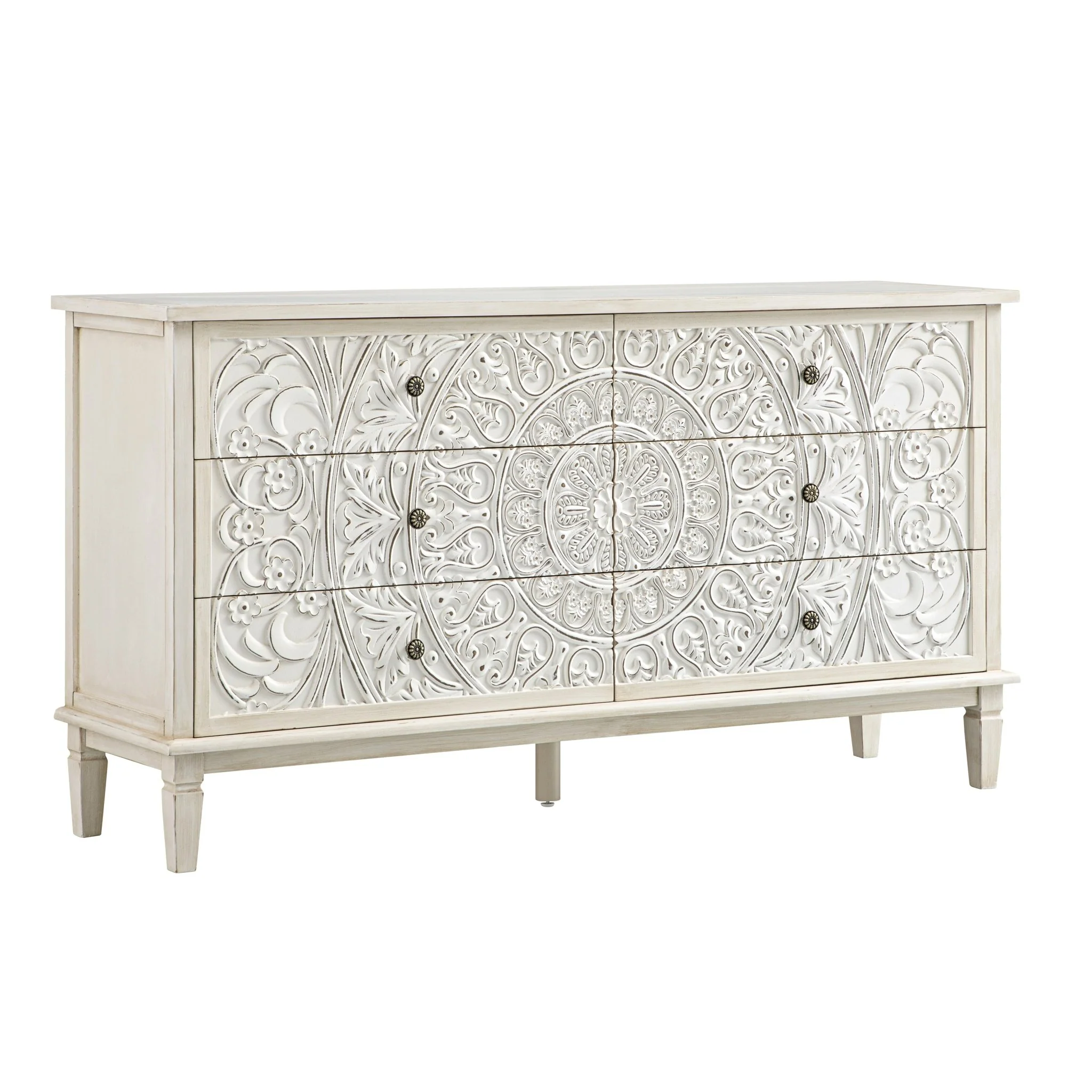 Chantilly Whitewashed Carved Wide 6 Drawer Chest - Image 7