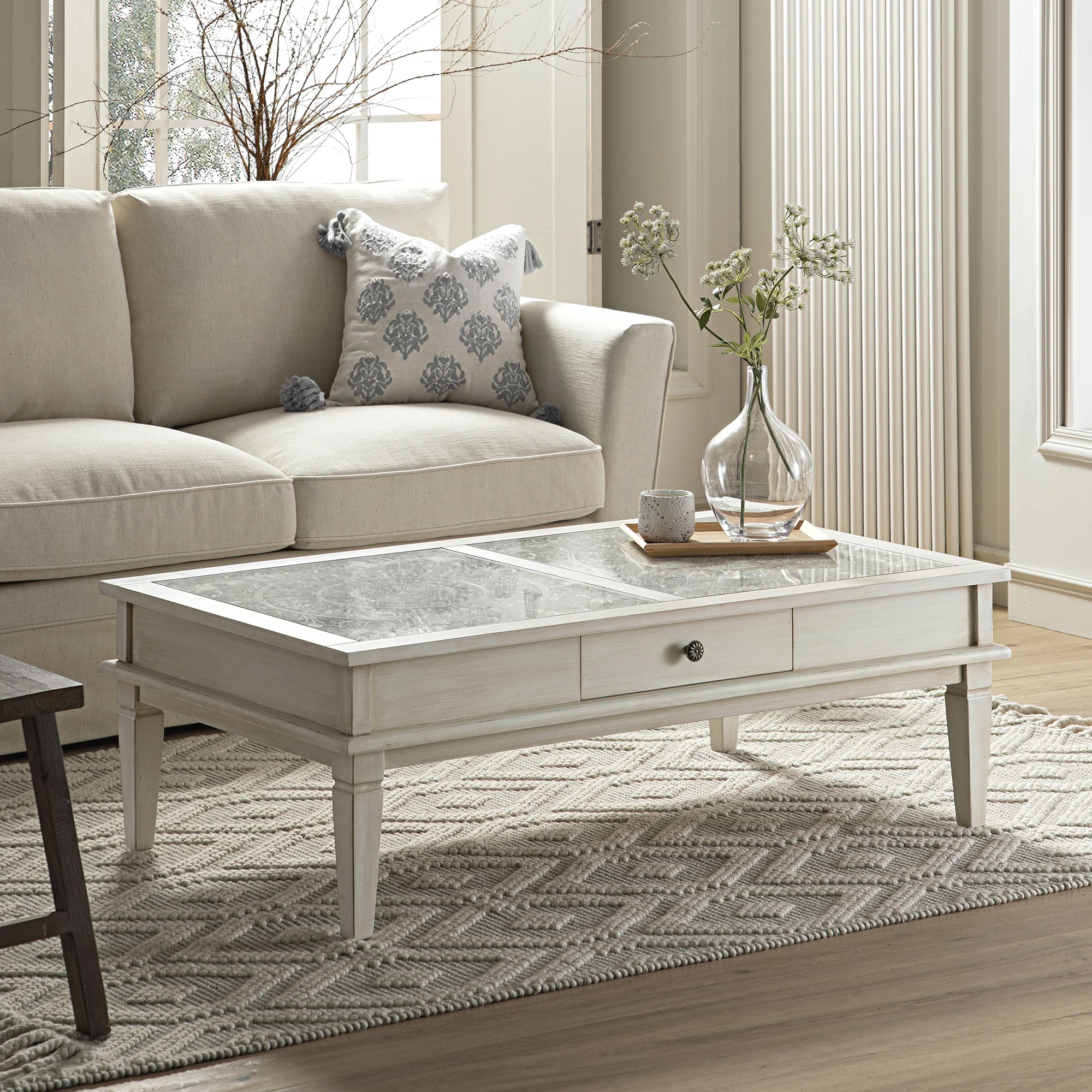 Chantilly Whitewashed Coffee Table with Drawers - Image 2
