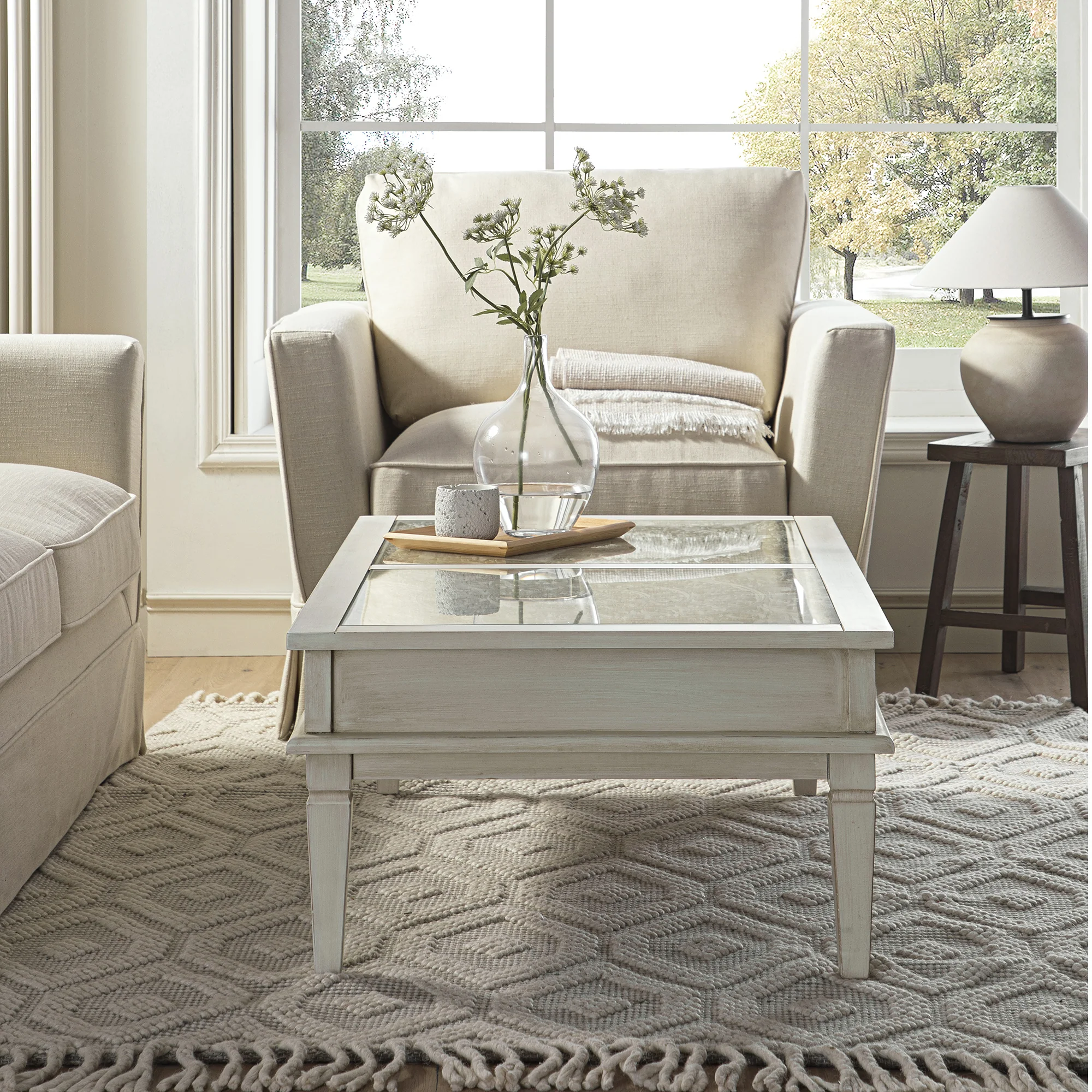 Chantilly Whitewashed Coffee Table with Drawers - Image 4