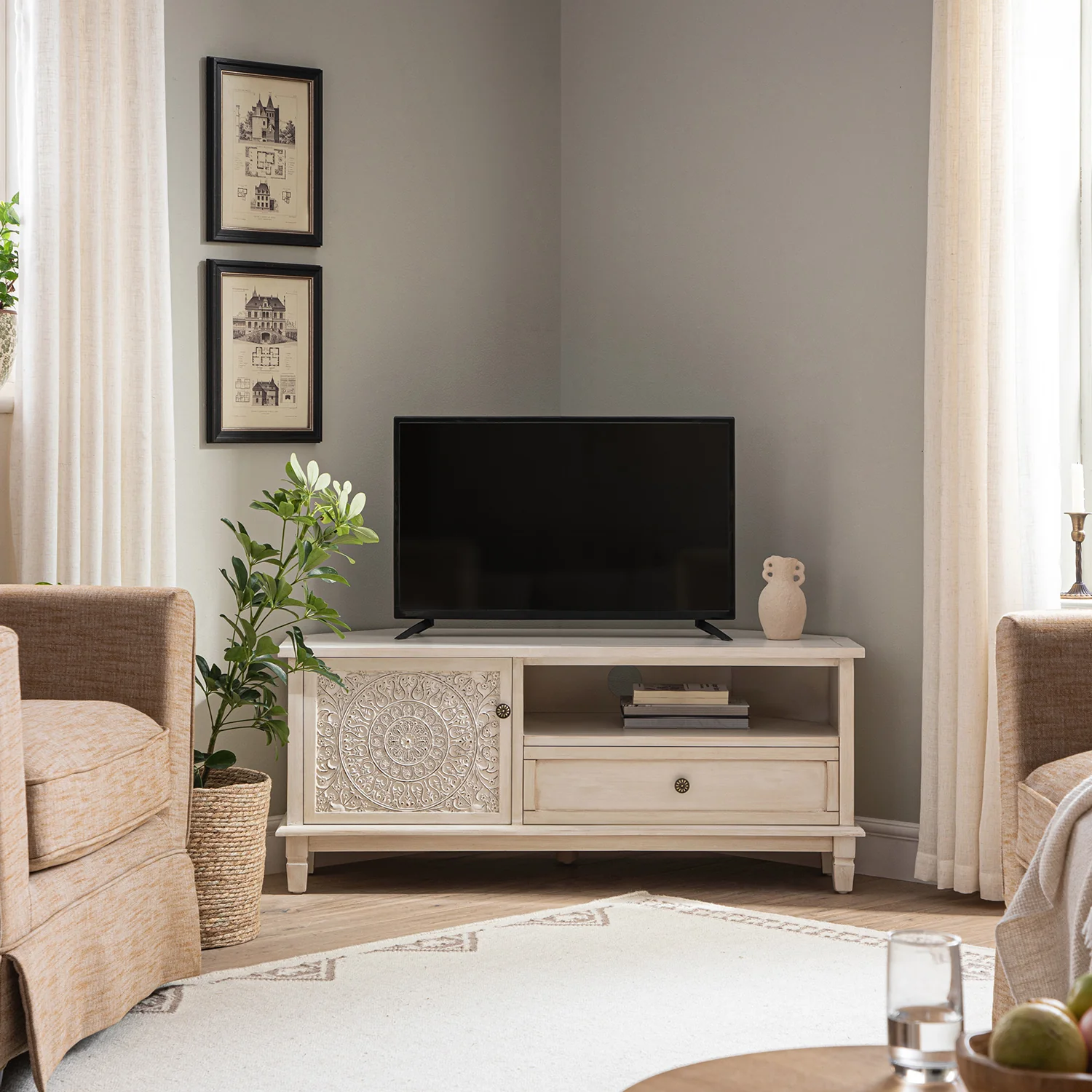 Chantilly Whitewashed Corner TV Unit - Image 2