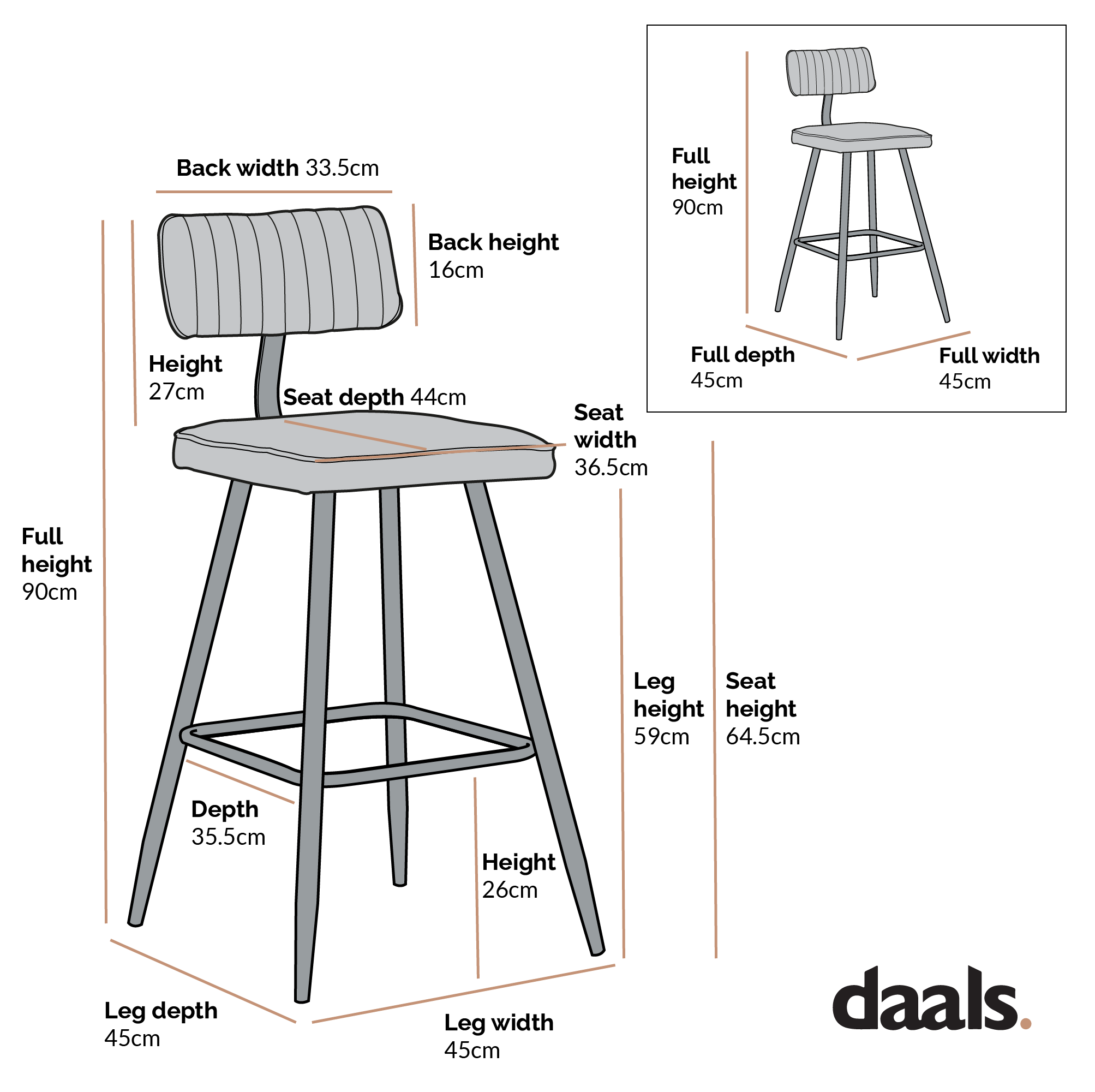 Charlecote Set of 2 Light Grey Fabric Upholstered Bar Stools - Image 4
