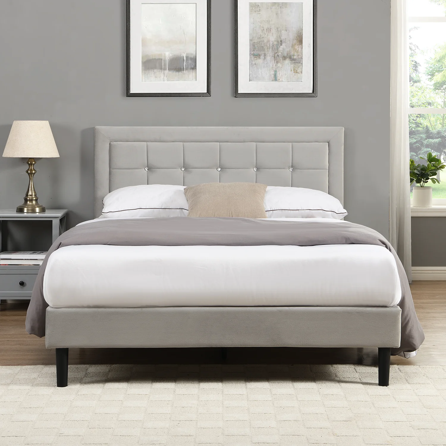 Chastleton Upholstered Bed with Diamante Headboard (Grey Velvet) - Image 2