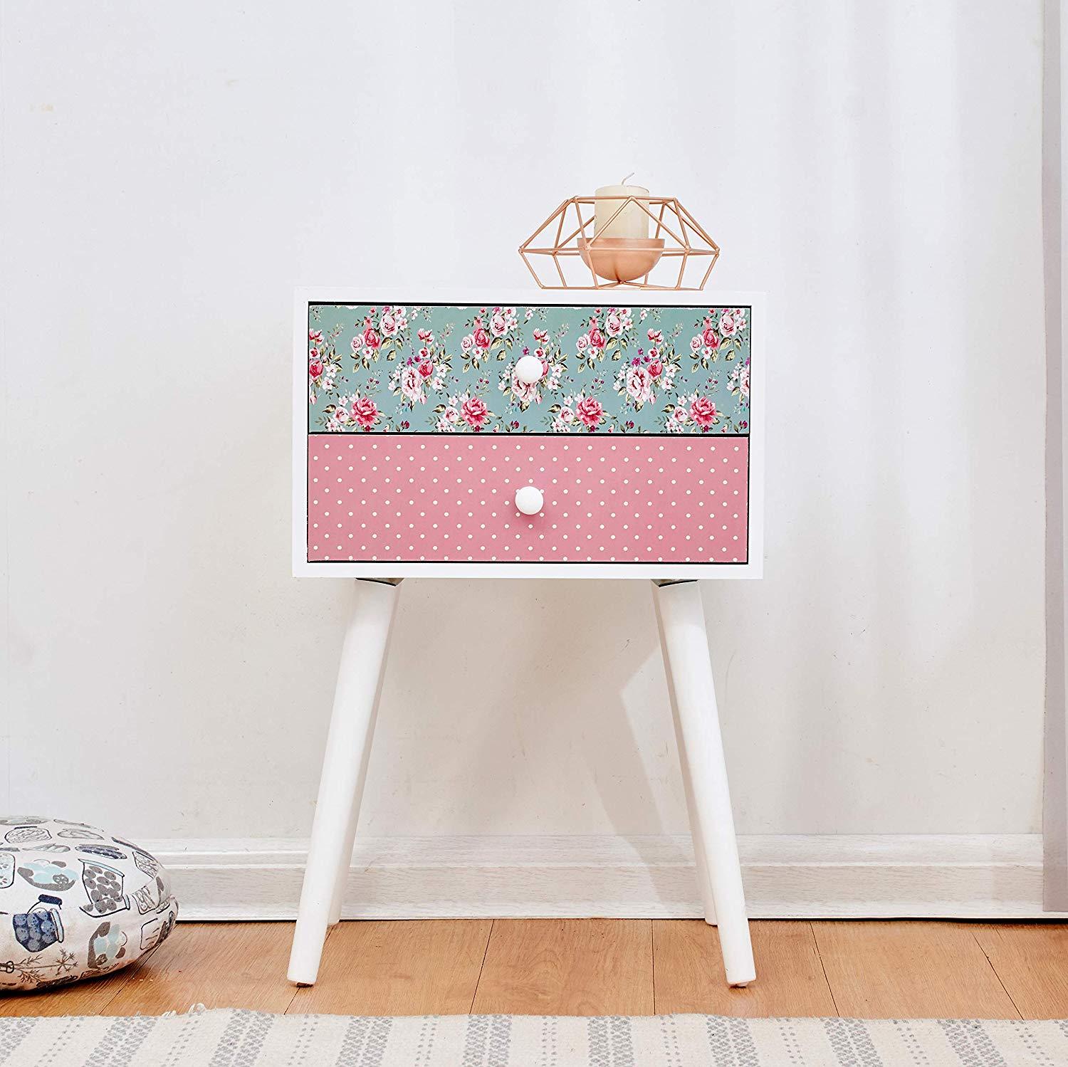Cherry Tree Furniture CANTERBURY Wooden 2-Drawer Bedside Table Nightstand, Rose & Polka Dot Pattern - Image 2